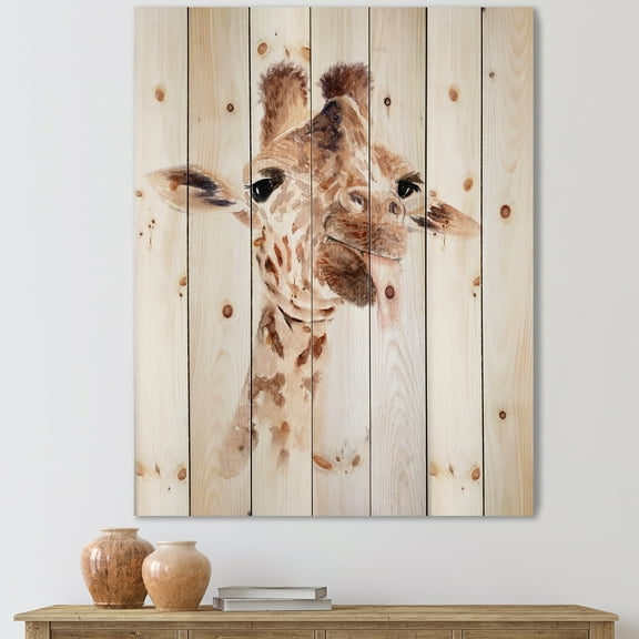 Designart 'Close Up Portrait of A Giraffe X' Farmhouse Print on Natural Pine Wood