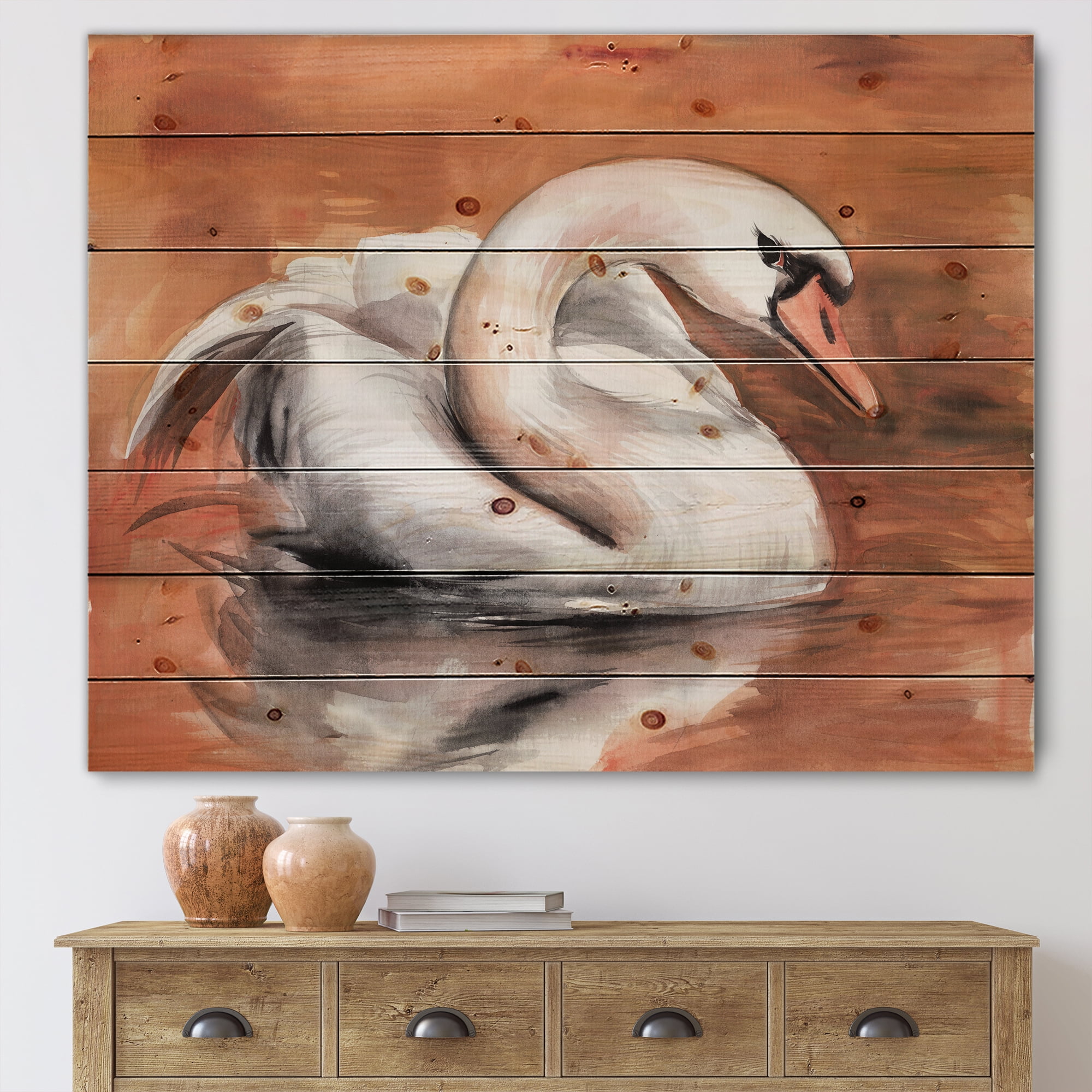 Designart 'Close Up Swan On The Water' Traditional Print on Natural Pine Wood