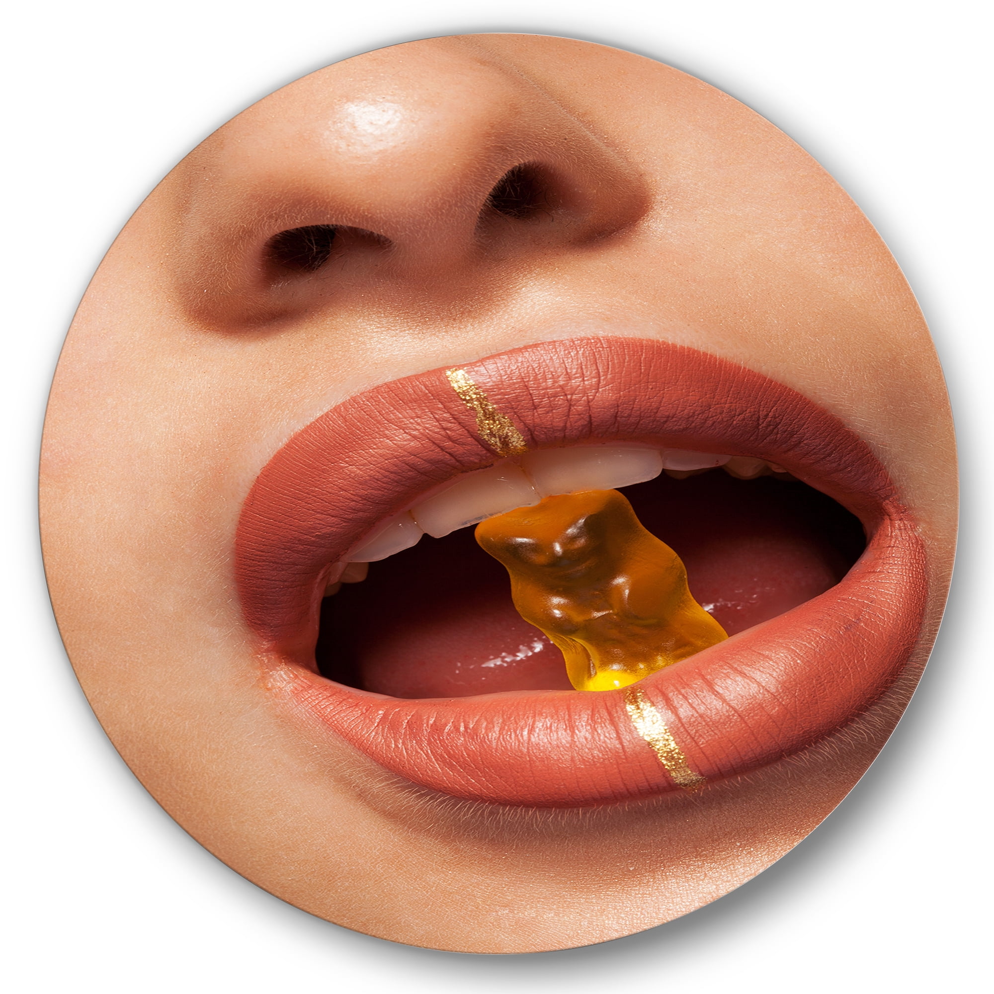 Designart 'Close Up VIew of Female Lips Biting Gummy Bear' Modern Circle Metal Wall Art 36x36 - Disc of 36