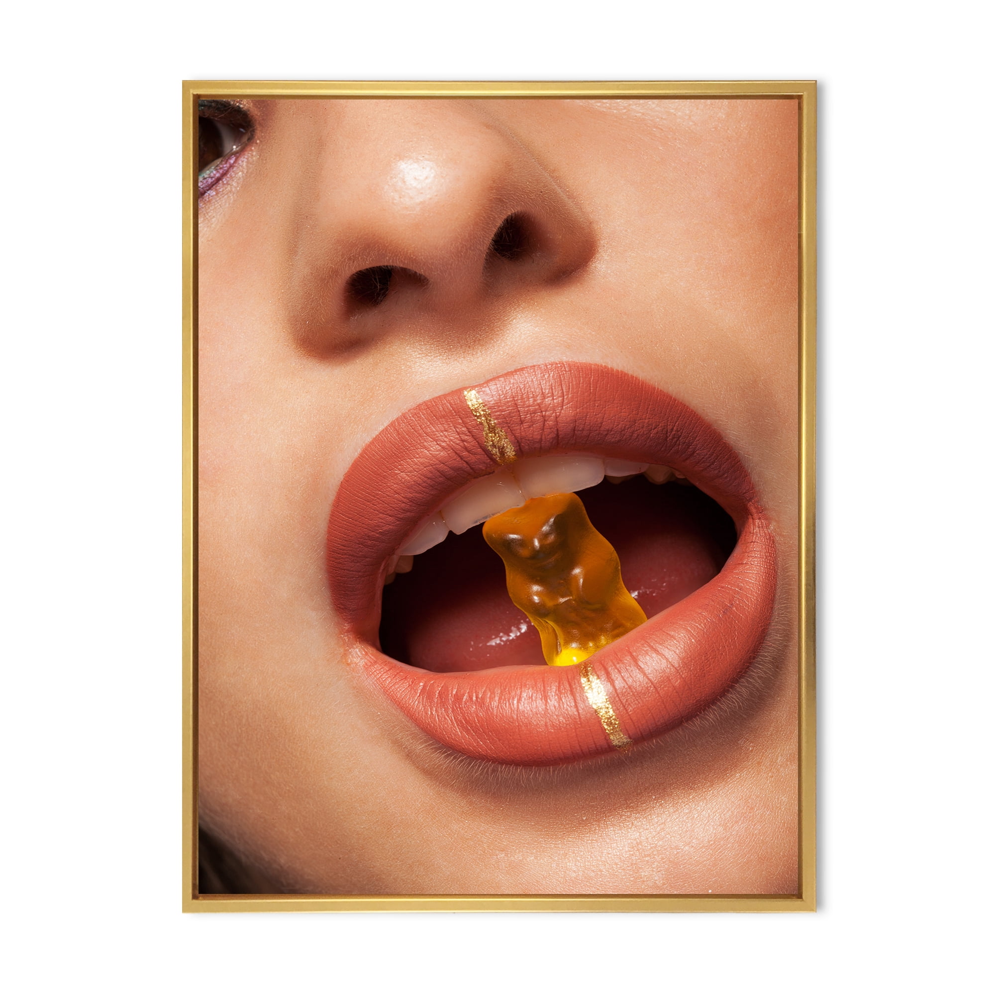 Designart 'Close Up VIew of Female Lips Biting Gummy Bear' Modern Framed Canvas Wall Art Print