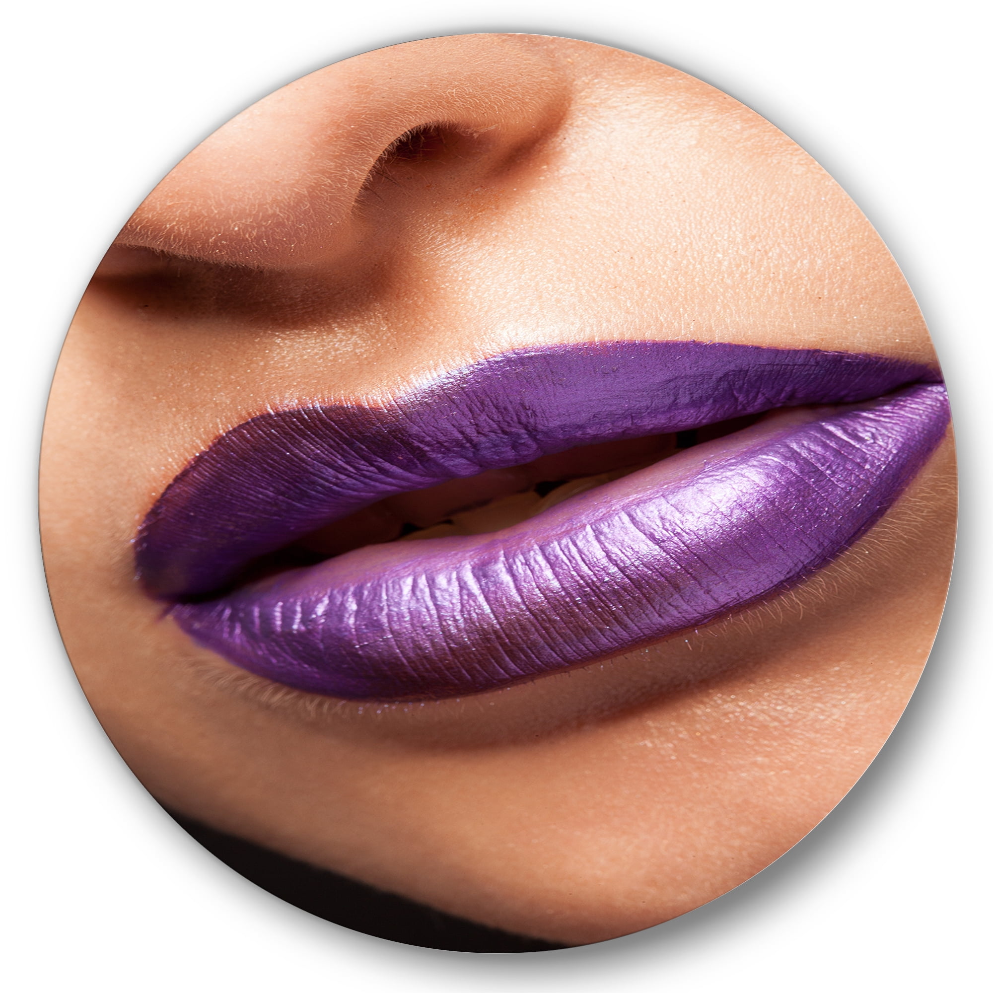 Designart 'Close Up View of Girl Lips With Purple Lipstick' Modern Circle Metal Wall Art 11x11 - Disc of 11