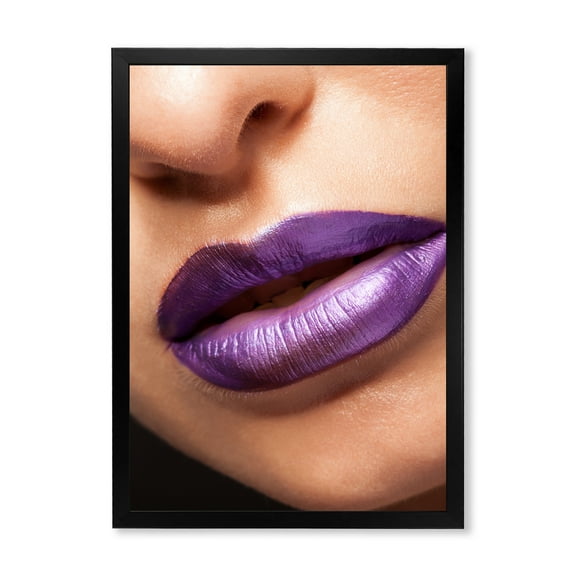 Designart 'Close Up View of Girl Lips With Purple Lipstick' Modern Framed Art Print