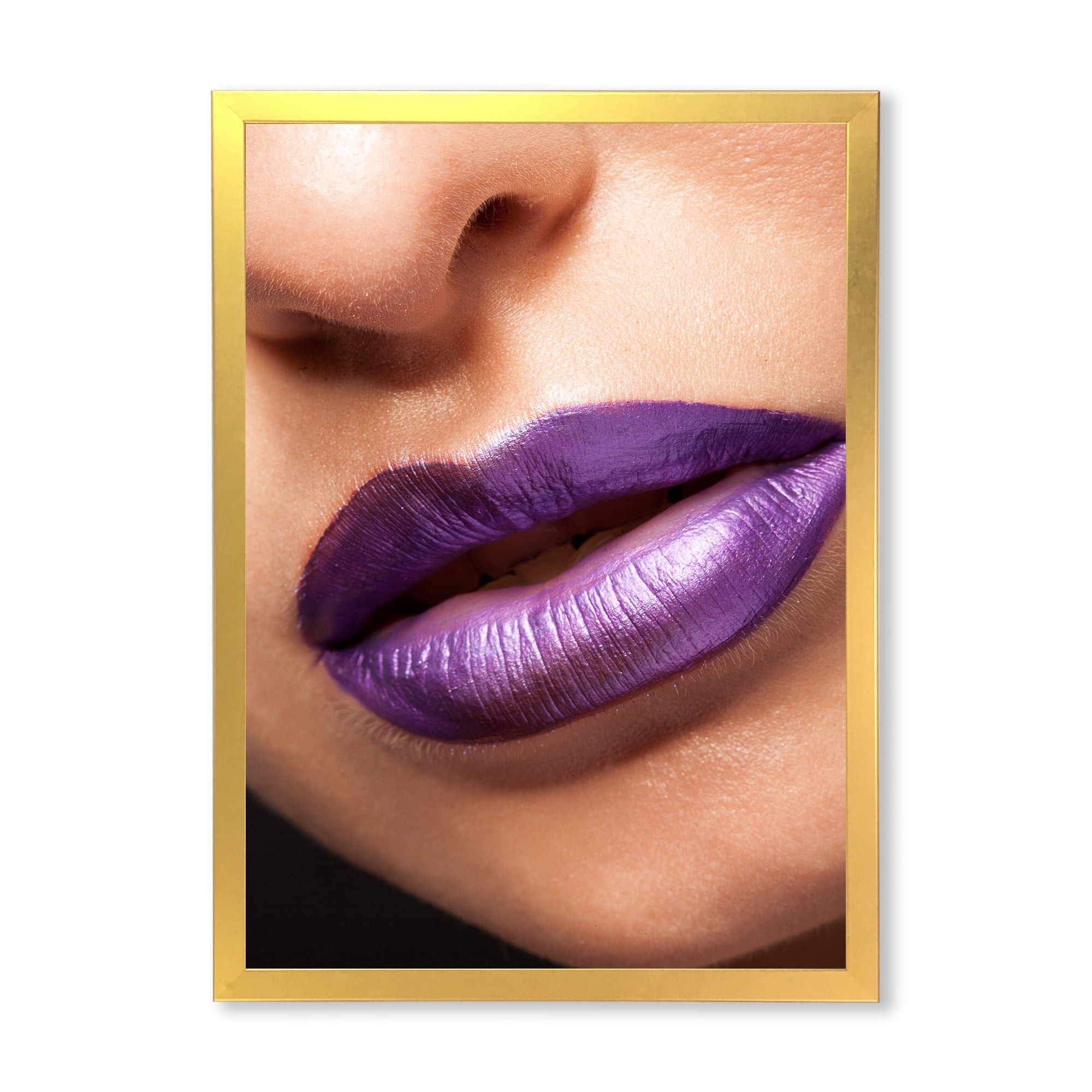 Designart 'Close Up View of Girl Lips With Purple Lipstick' Modern Framed Art Print
