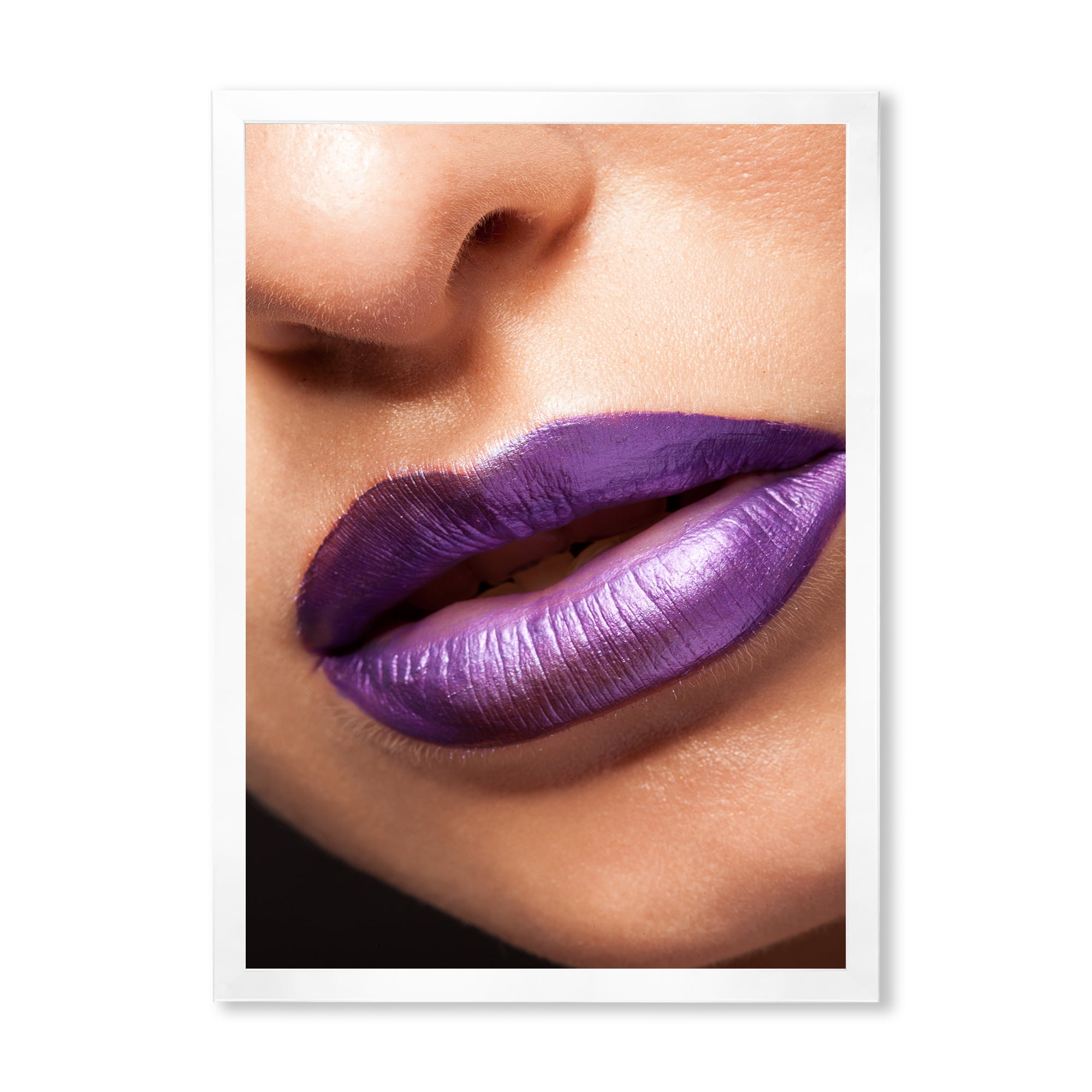 Designart 'Close Up View of Girl Lips With Purple Lipstick' Modern Framed Art Print