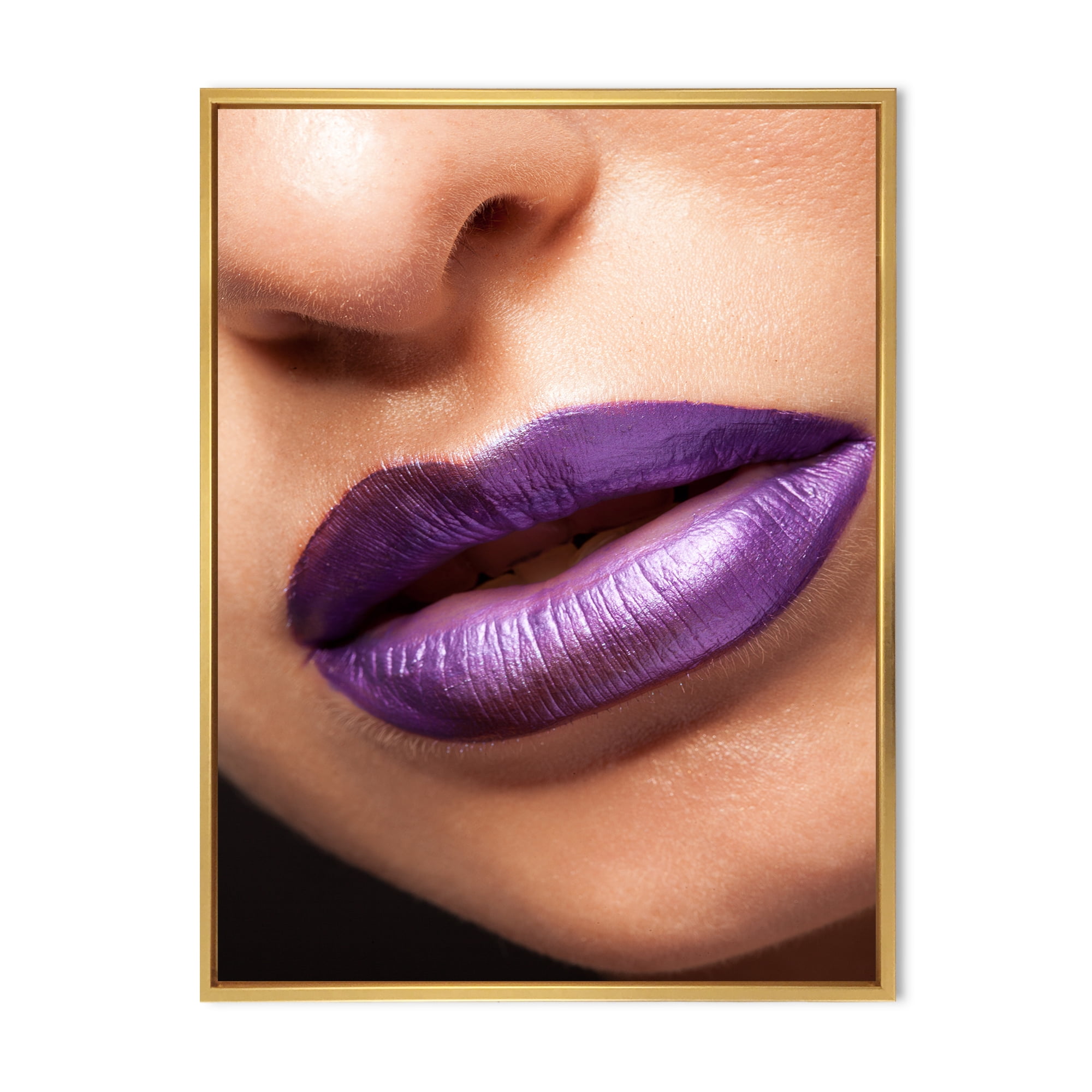 Designart 'Close Up View of Girl Lips With Purple Lipstick' Modern Framed Canvas Wall Art Print