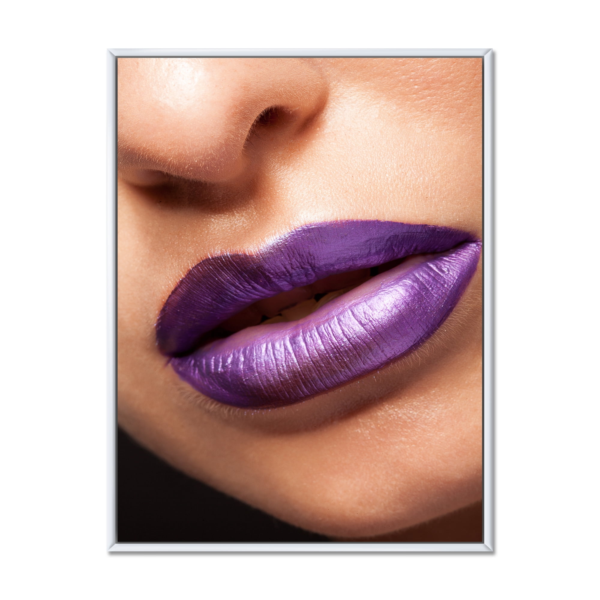 Designart 'Close Up View of Girl Lips With Purple Lipstick' Modern Framed Canvas Wall Art Print