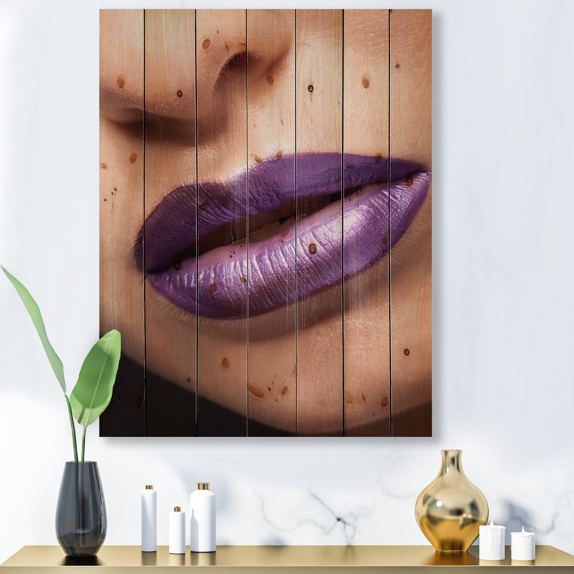 Designart 'Close Up View of Girl Lips With Purple Lipstick' Modern Print on Natural Pine Wood