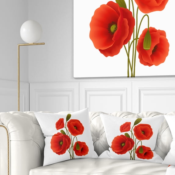 Designart Close Up View of Poppy on White - Floral Throw Pillow - 18x18