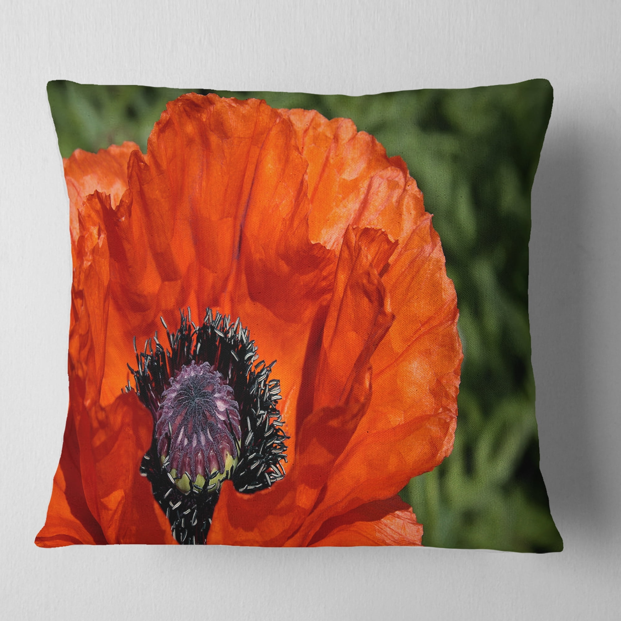 Designart Close Up View of Red Poppy Flower - Floral Throw Pillow - 18x18