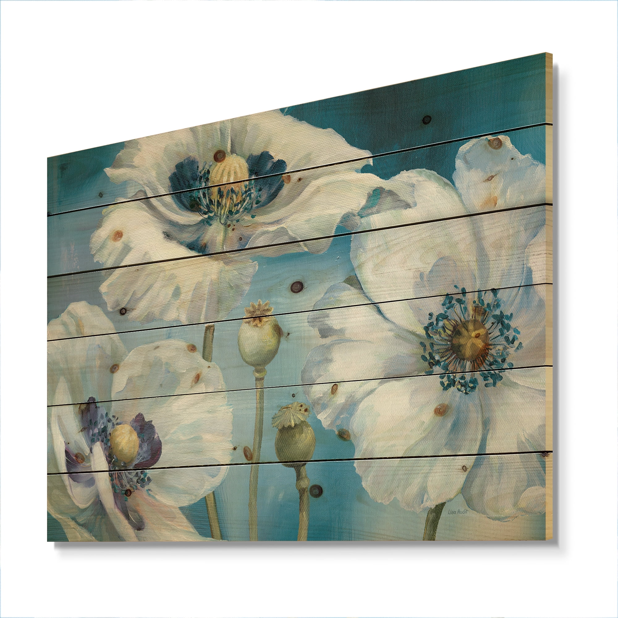 Designart 'Close Up White Flower on Blue III' Farmhouse Print on Natural Pine Wood