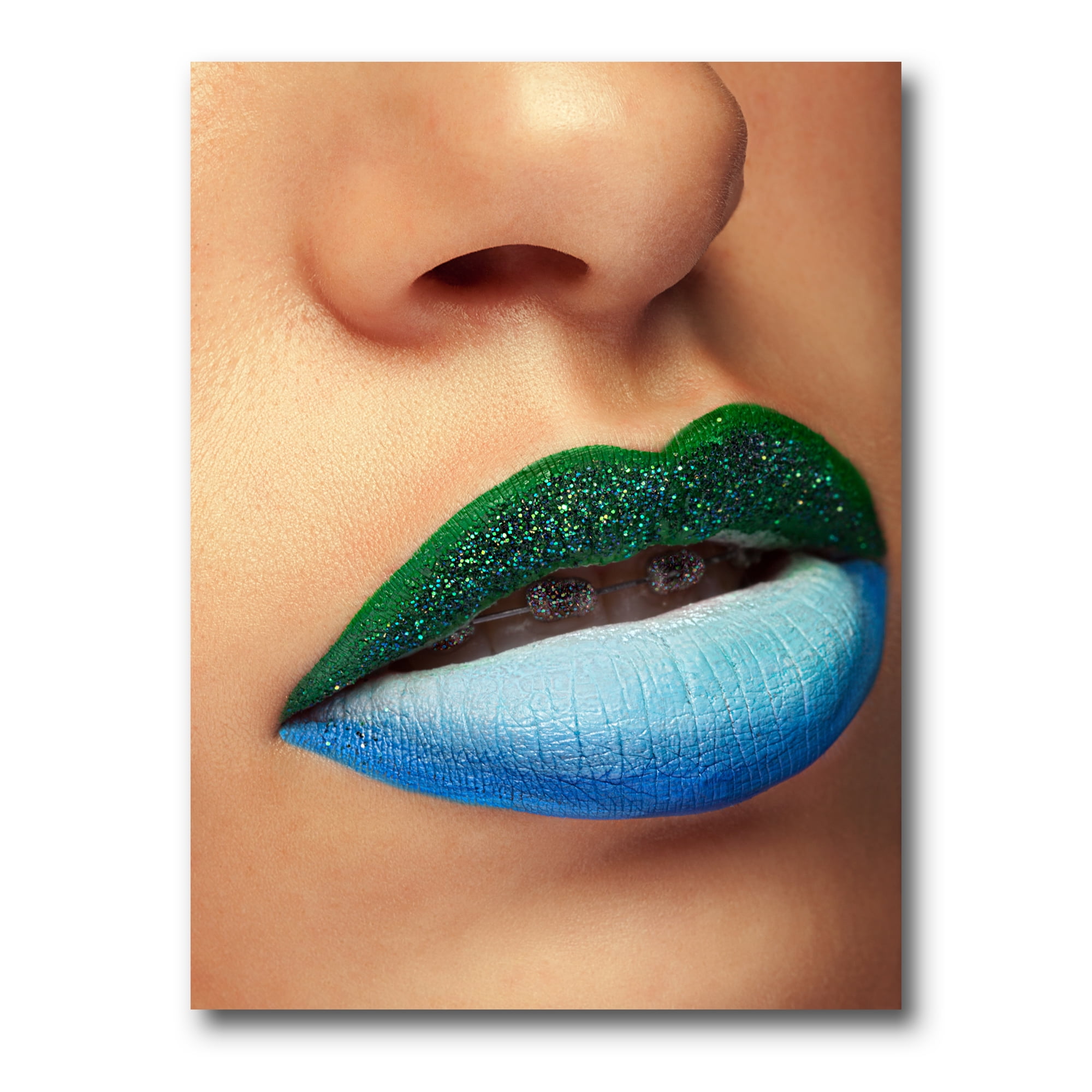 Designart ' Close Up Woman Lips With Fashion Make Up and Brackets ' Modern Canvas Wall Art Print