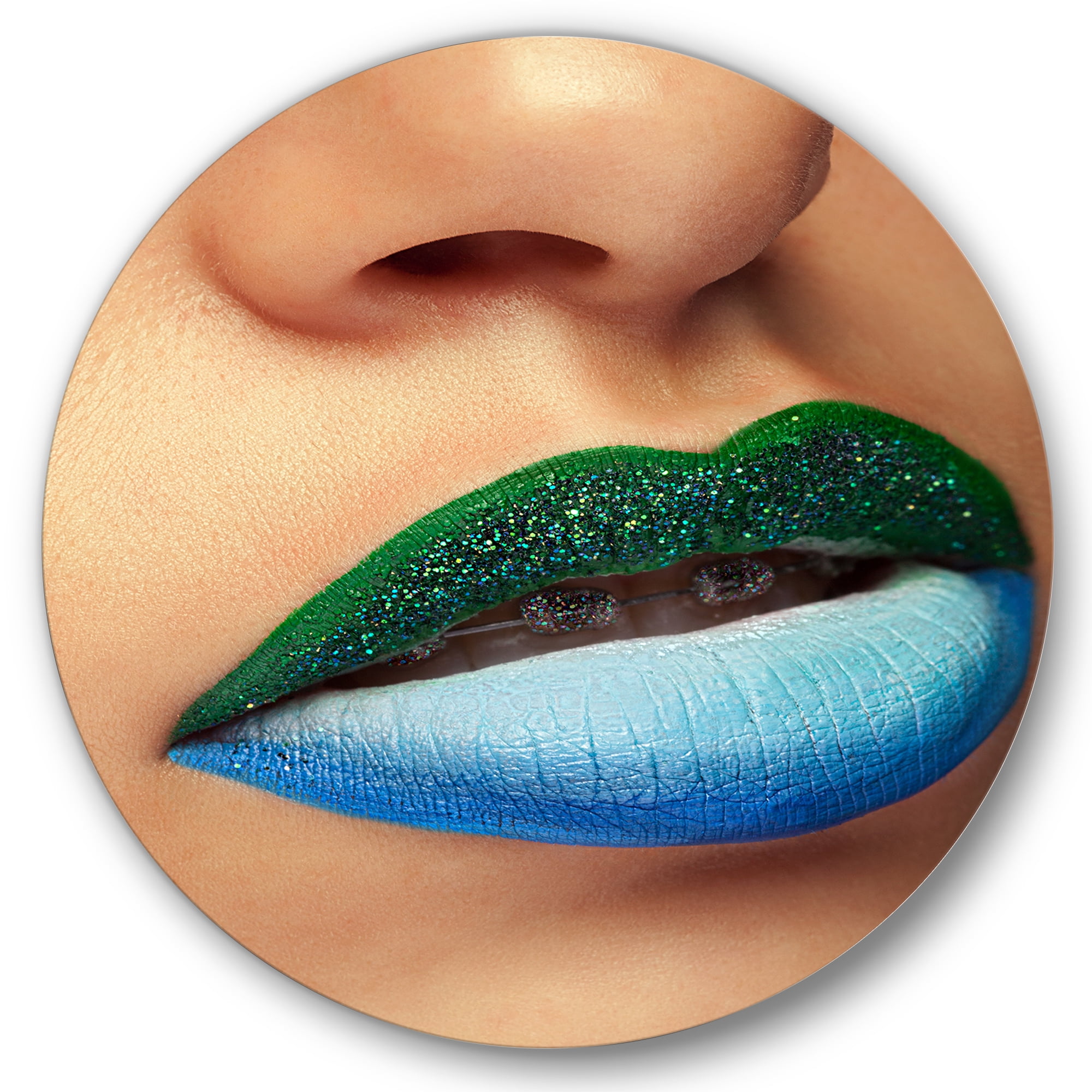Designart 'Close Up Woman Lips With Fashion Make Up and Brackets' Modern Circle Metal Wall Art 36x36 - Disc of 36