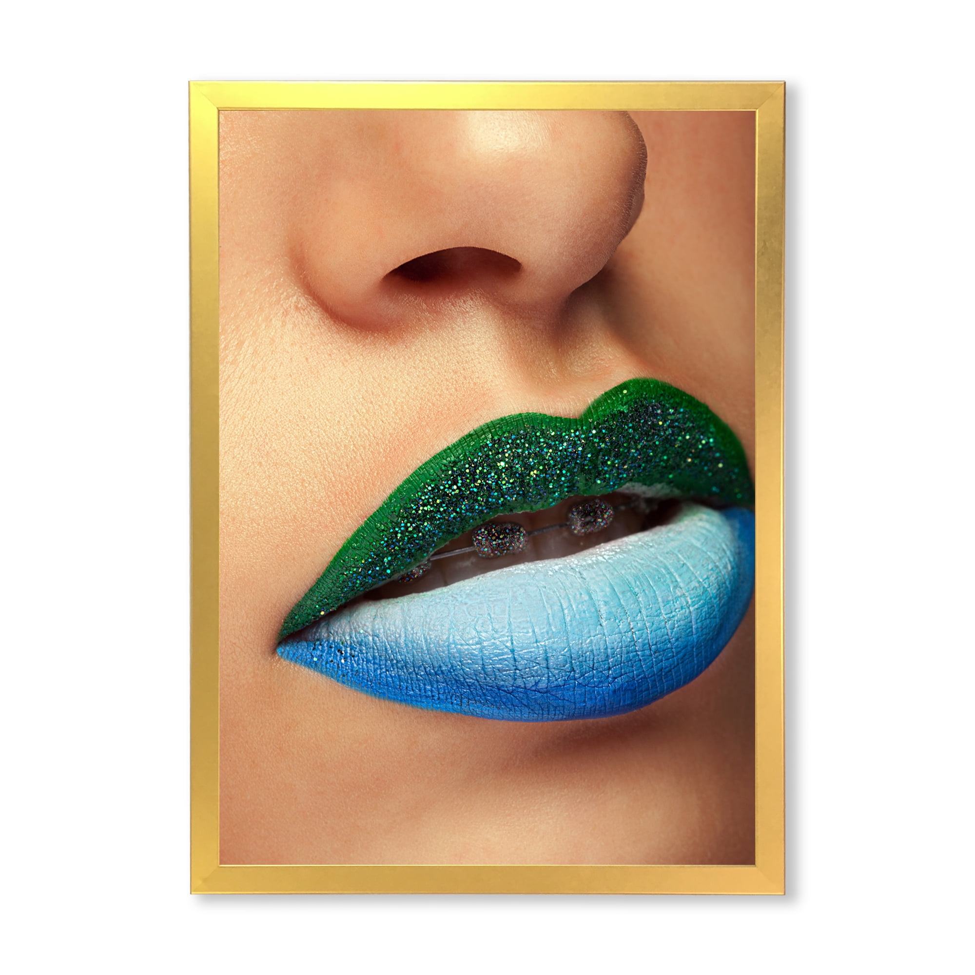 Designart 'Close Up Woman Lips With Fashion Make Up and Brackets' Modern Framed Art Print
