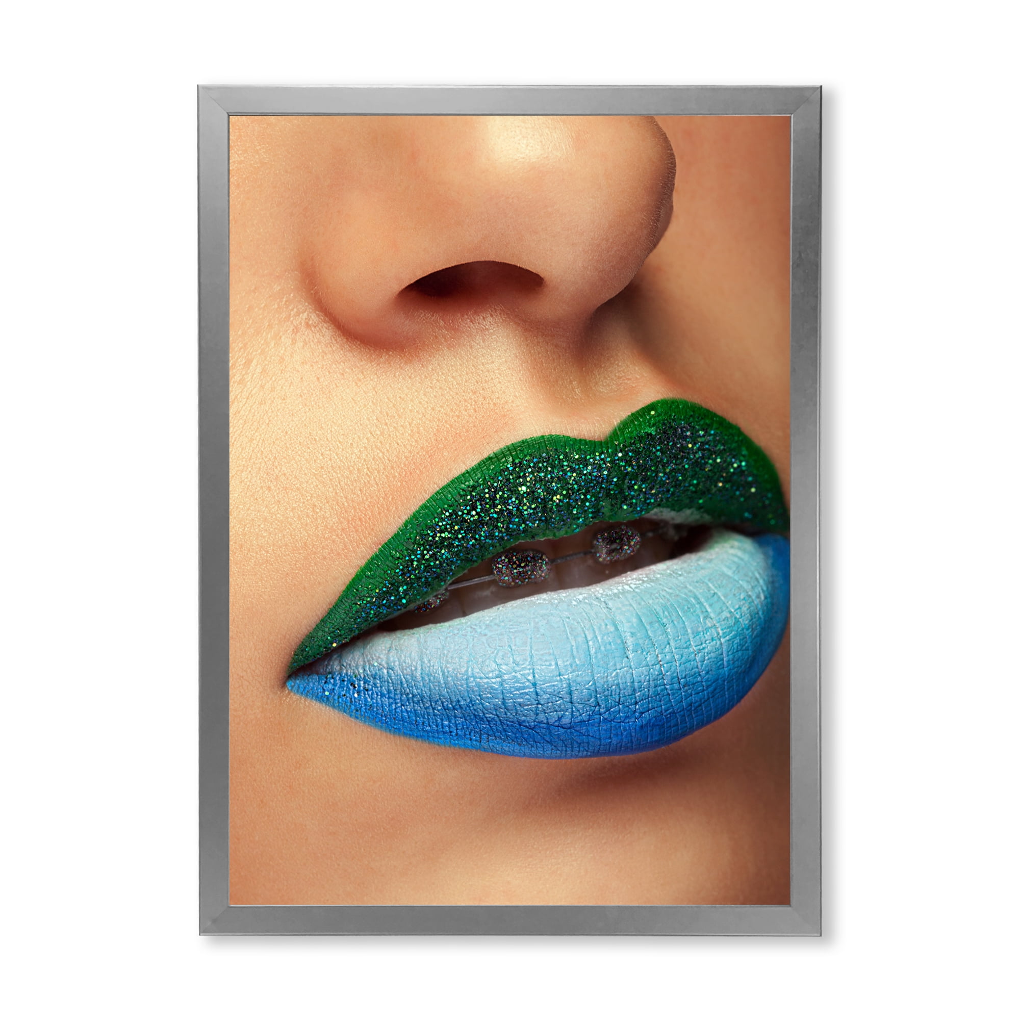Designart 'Close Up Woman Lips With Fashion Make Up and Brackets' Modern Framed Art Print