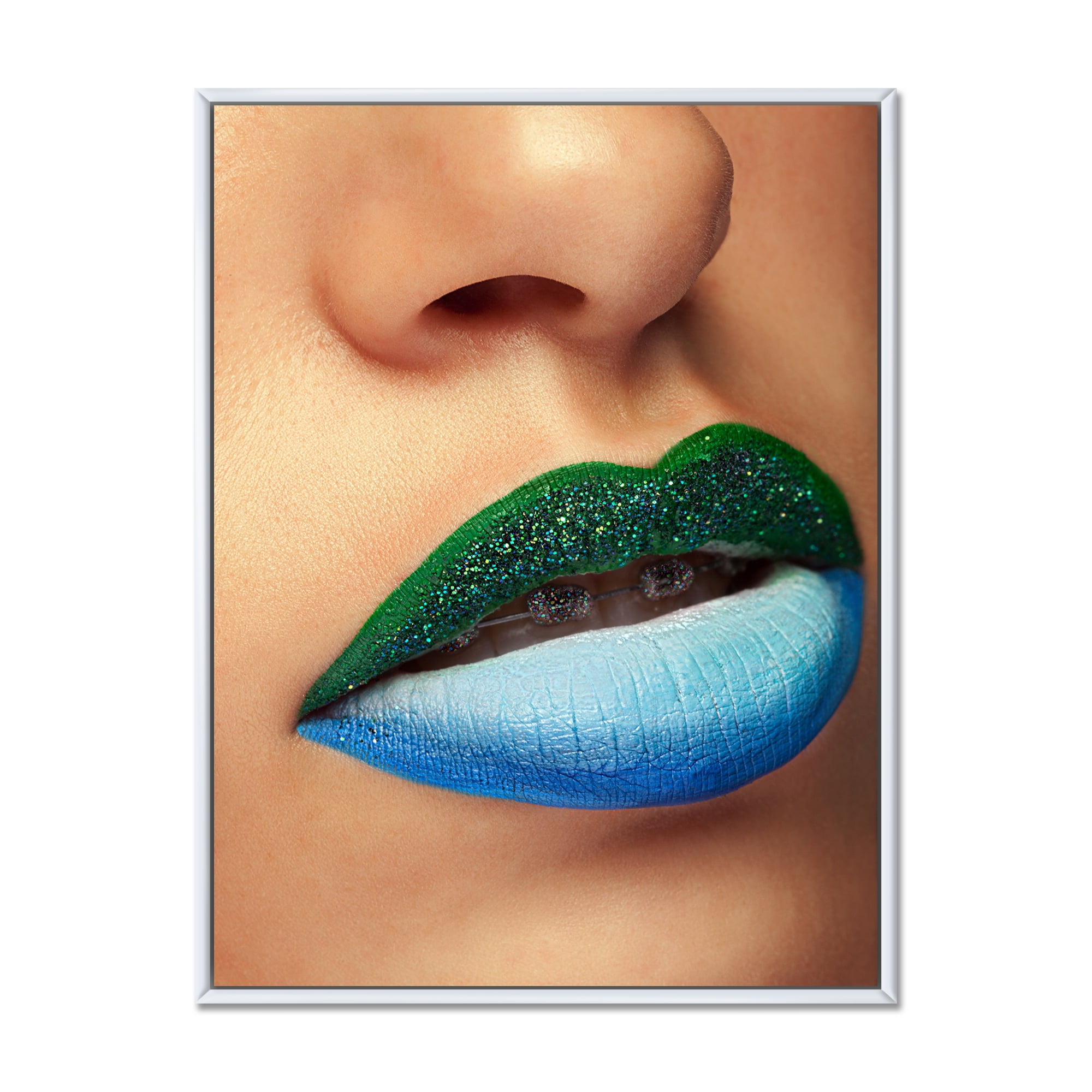 Designart 'Close Up Woman Lips With Fashion Make Up and Brackets' Modern Framed Canvas Wall Art Print