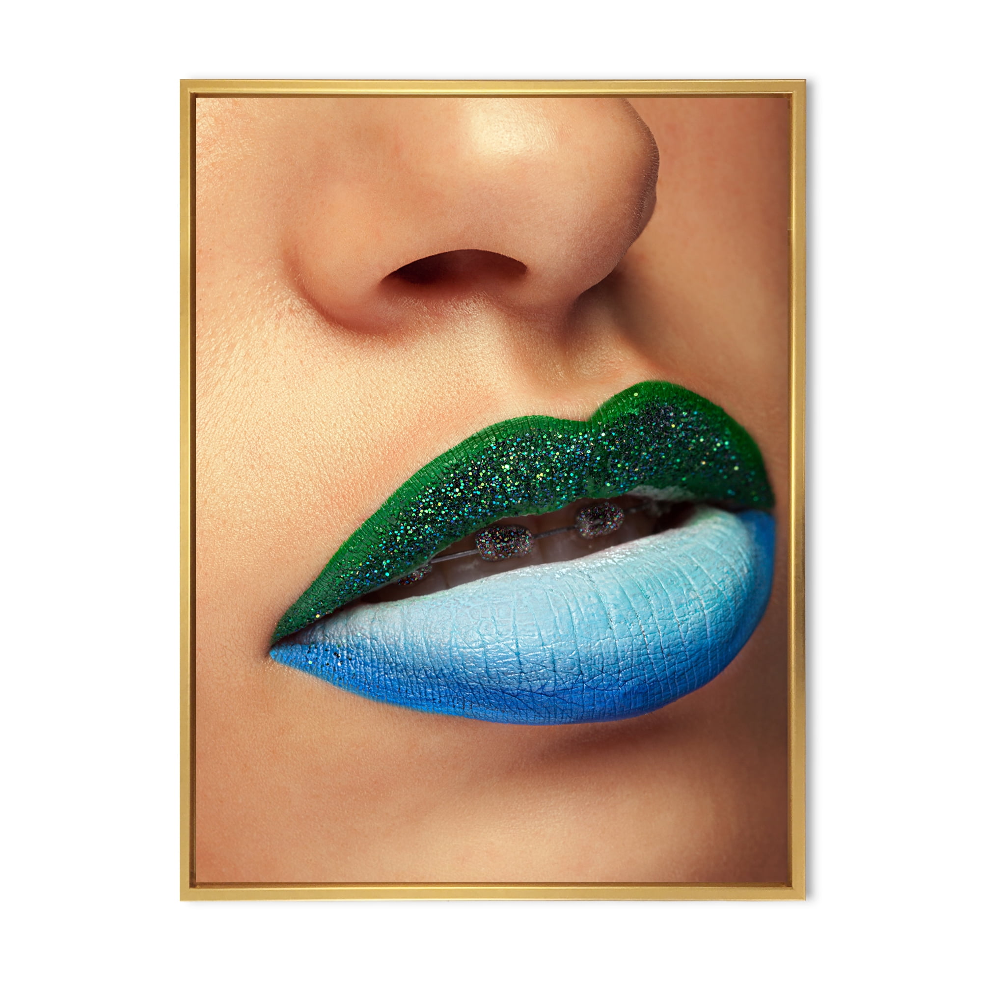 Designart 'Close Up Woman Lips With Fashion Make Up and Brackets' Modern Framed Canvas Wall Art Print