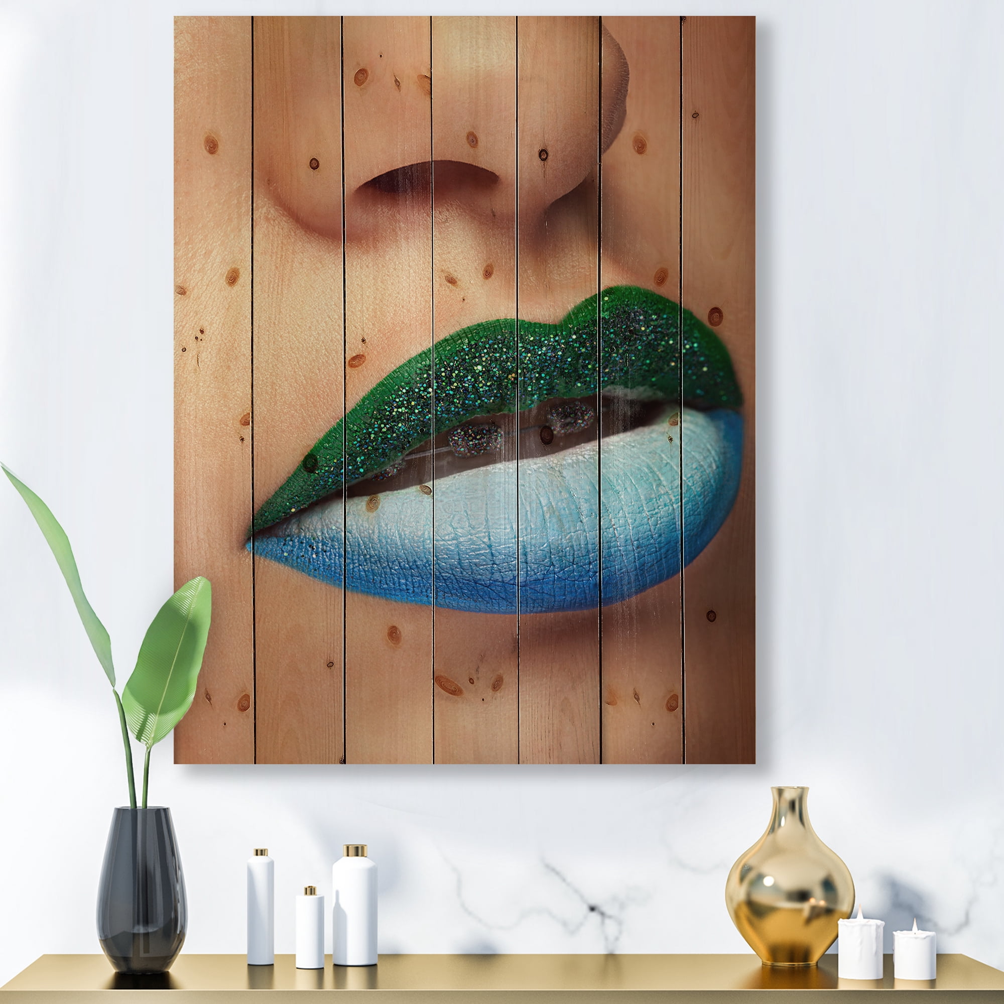 Designart 'Close Up Woman Lips With Fashion Make Up and Brackets' Modern Print on Natural Pine Wood