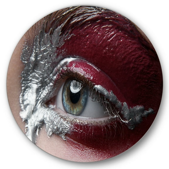 Designart 'Close Up of A Woman Eye With Red Makeup On' Modern Circle Metal Wall Art 36x36 - Disc of 36