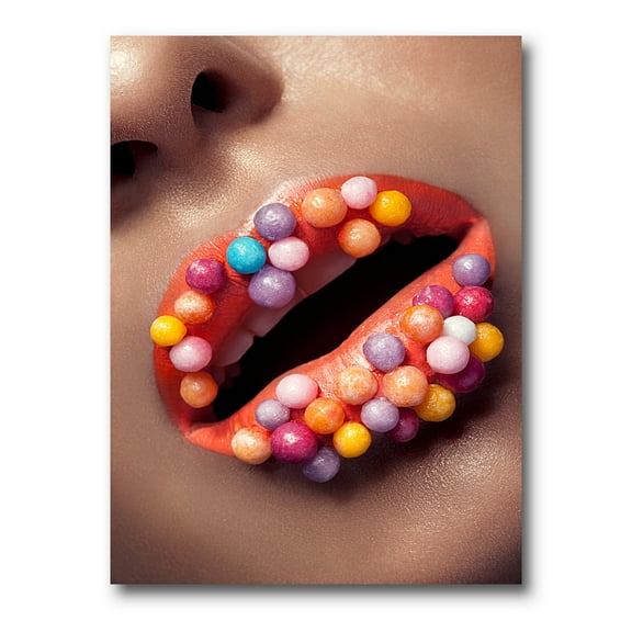 Designart ' Close Up of Creative Make Up On Woman Lips With Lolipops ' Modern Canvas Wall Art Print