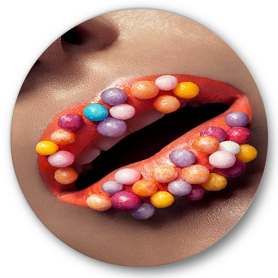 Designart 'Close Up of Creative Make Up On Woman Lips With Lolipops' Modern Circle Metal Wall Art 36x36 - Disc of 36