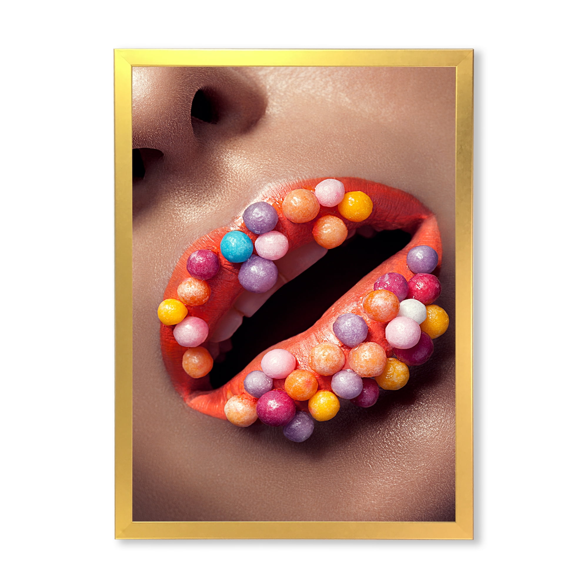 Designart 'Close Up of Creative Make Up On Woman Lips With Lolipops' Modern Framed Art Print