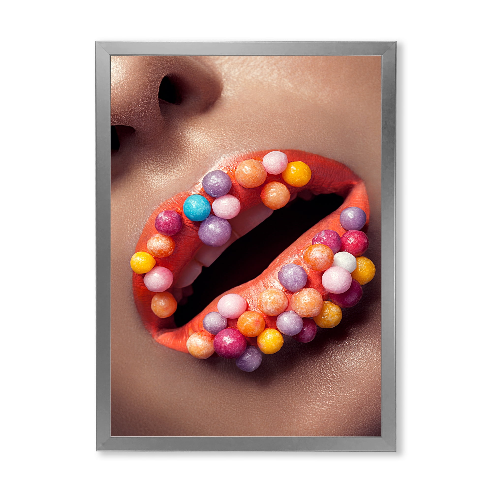 Designart 'Close Up of Creative Make Up On Woman Lips With Lolipops' Modern Framed Art Print