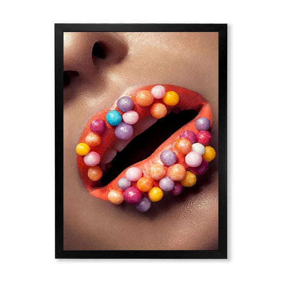 Designart 'Close Up of Creative Make Up On Woman Lips With Lolipops' Modern Framed Art Print
