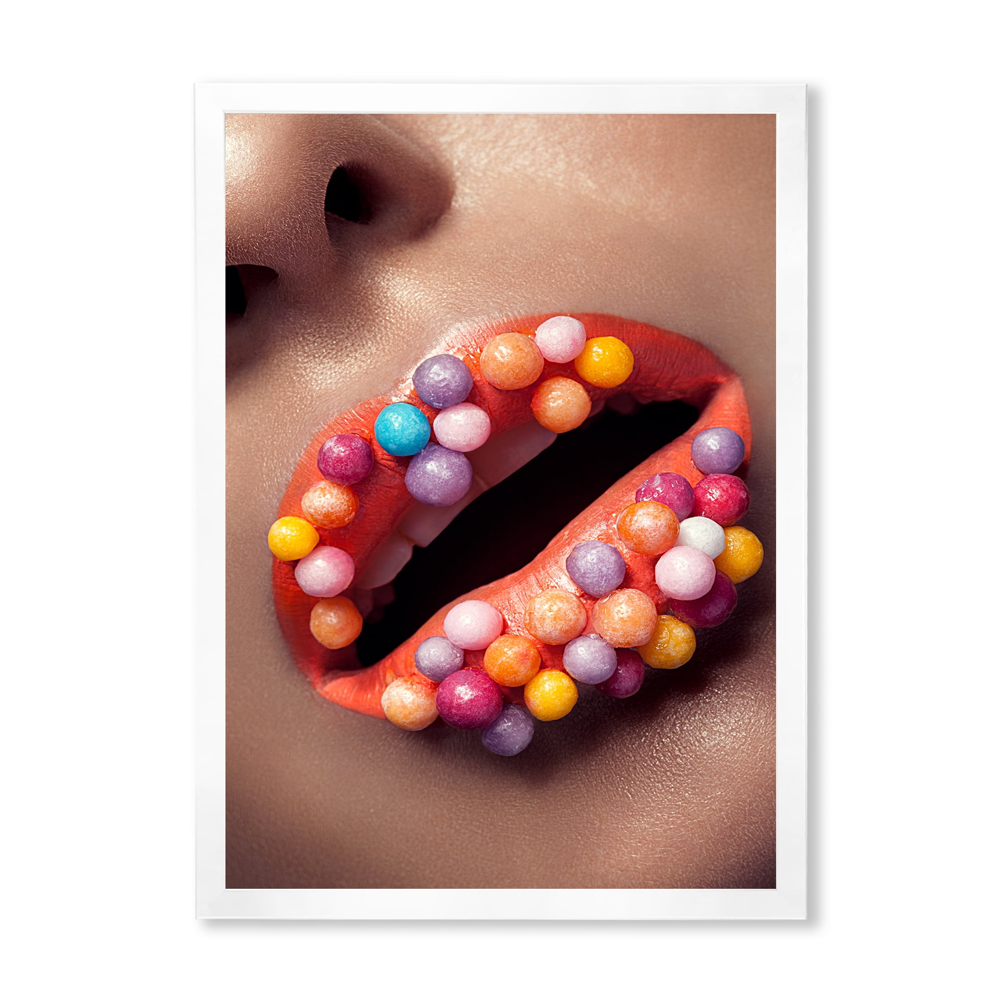 Designart 'Close Up of Creative Make Up On Woman Lips With Lolipops' Modern Framed Art Print