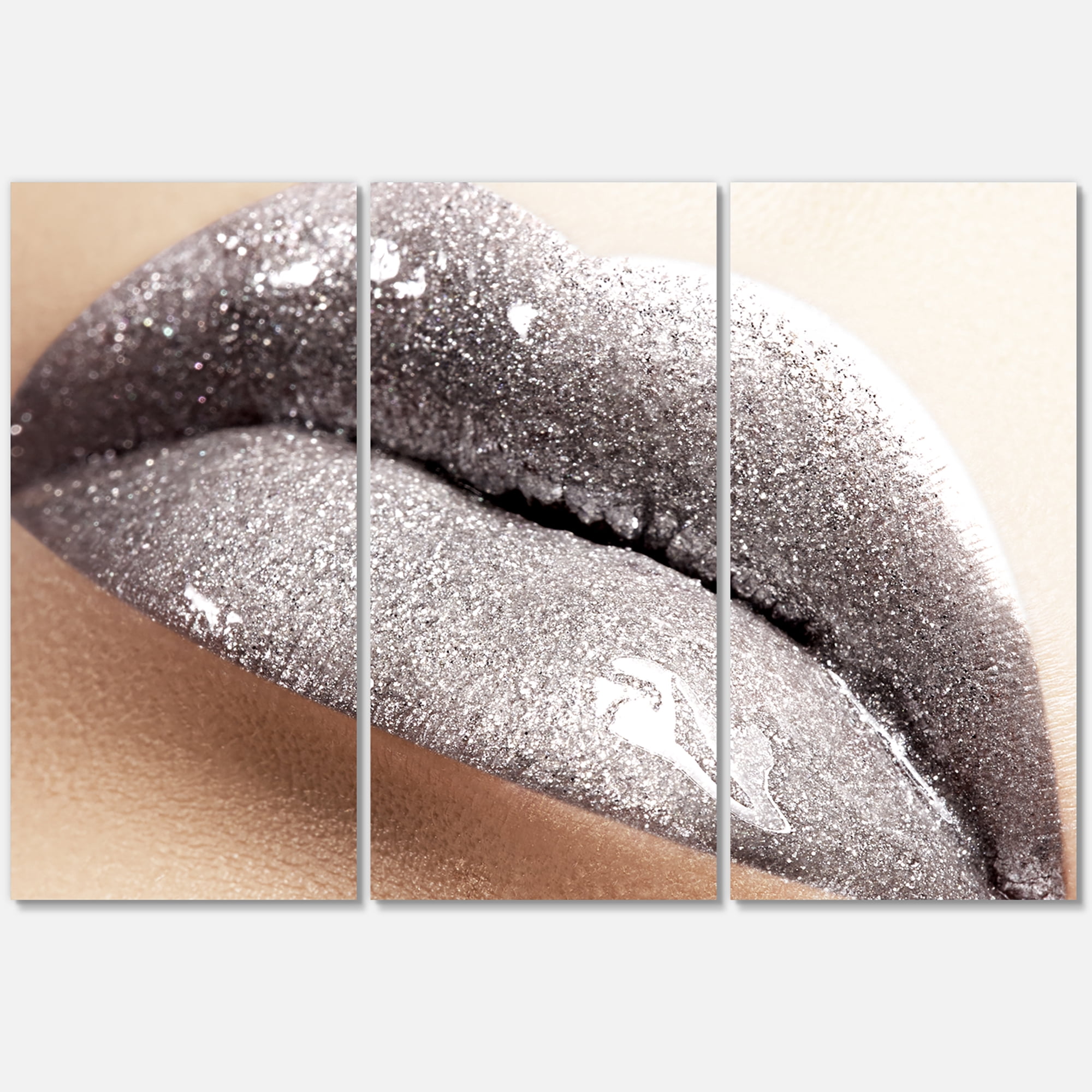 Designart ' Close Up of Female Lips With Glittering Silver ' Modern Canvas Wall Art Print