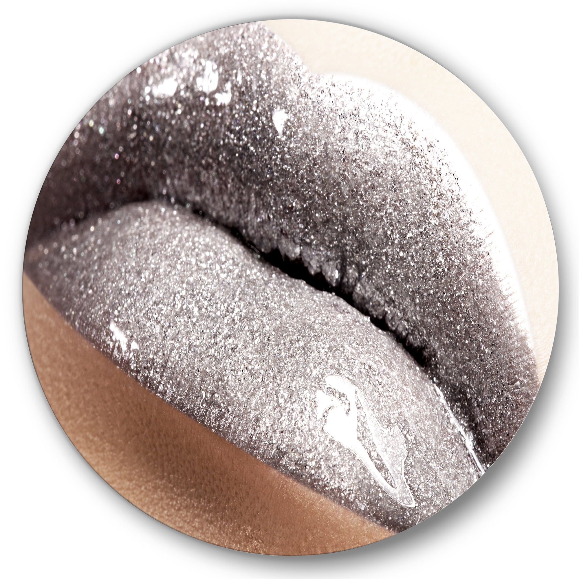 Designart 'Close Up of Female Lips With Glittering Silver' Modern Circle Metal Wall Art 29x29 - Disc of 29