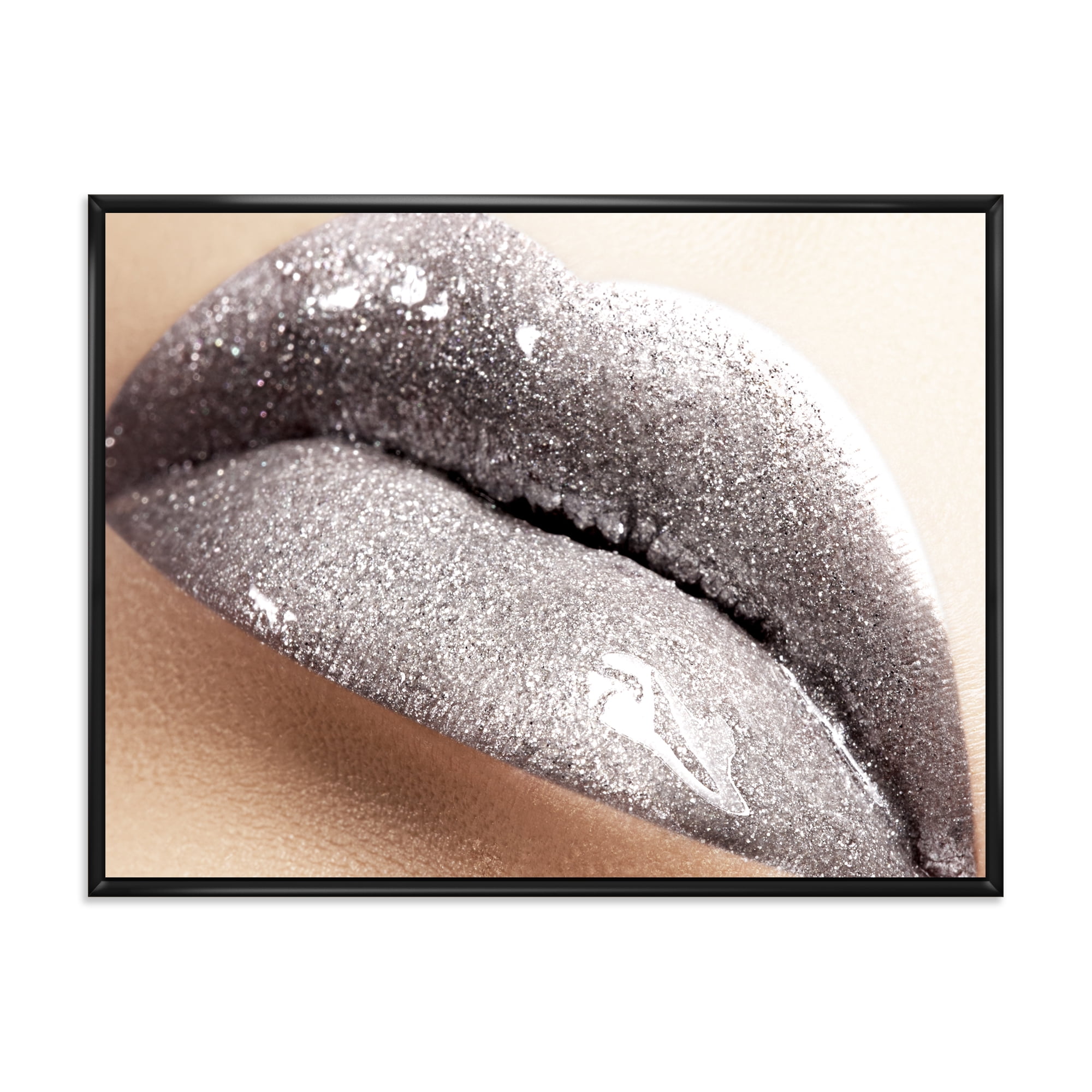 Designart 'Close Up of Female Lips With Glittering Silver' Modern Framed Canvas Wall Art Print