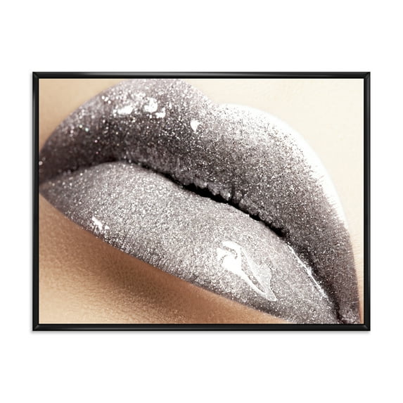 Designart 'Close Up of Female Lips With Glittering Silver' Modern Framed Canvas Wall Art Print