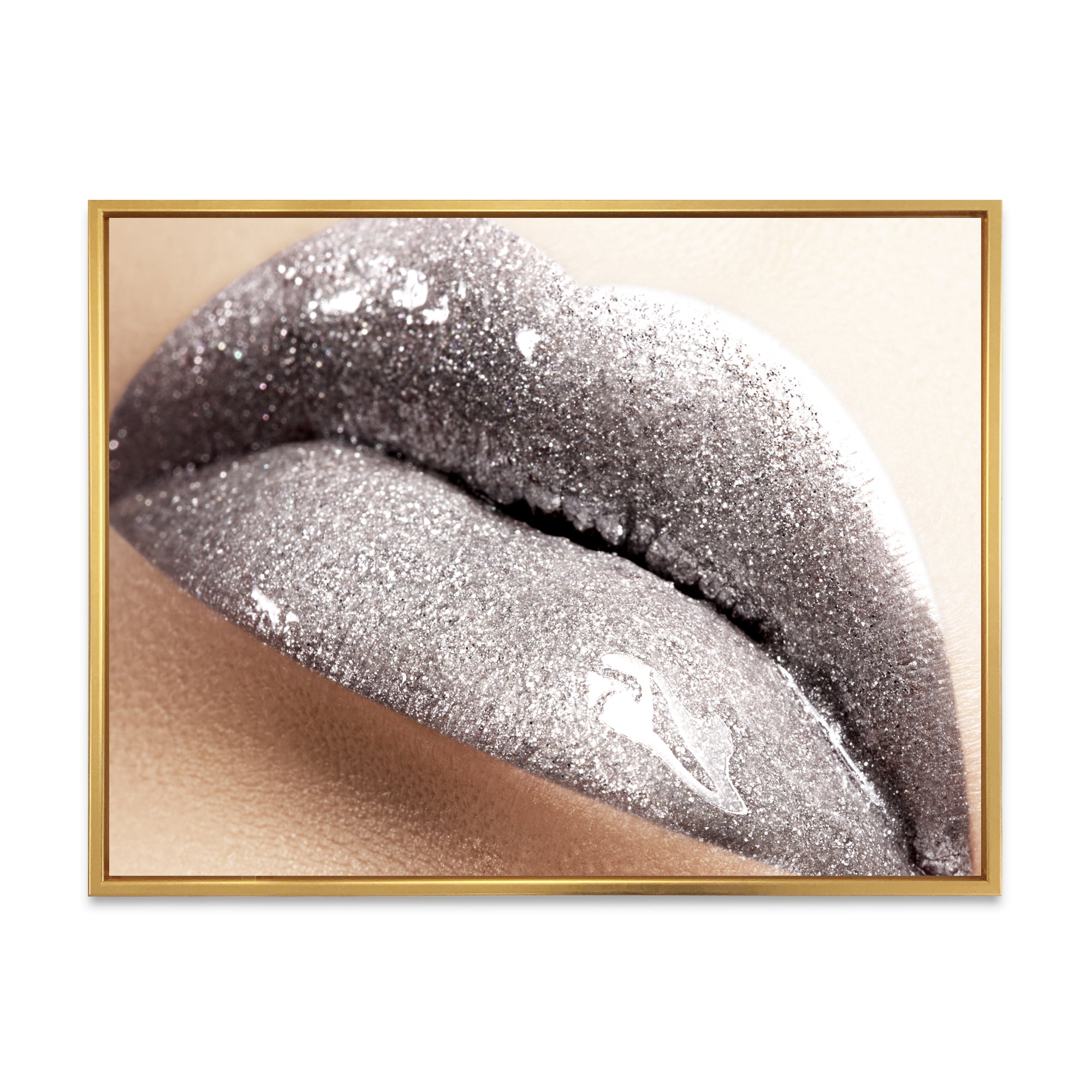 Designart 'Close Up of Female Lips With Glittering Silver' Modern Framed Canvas Wall Art Print