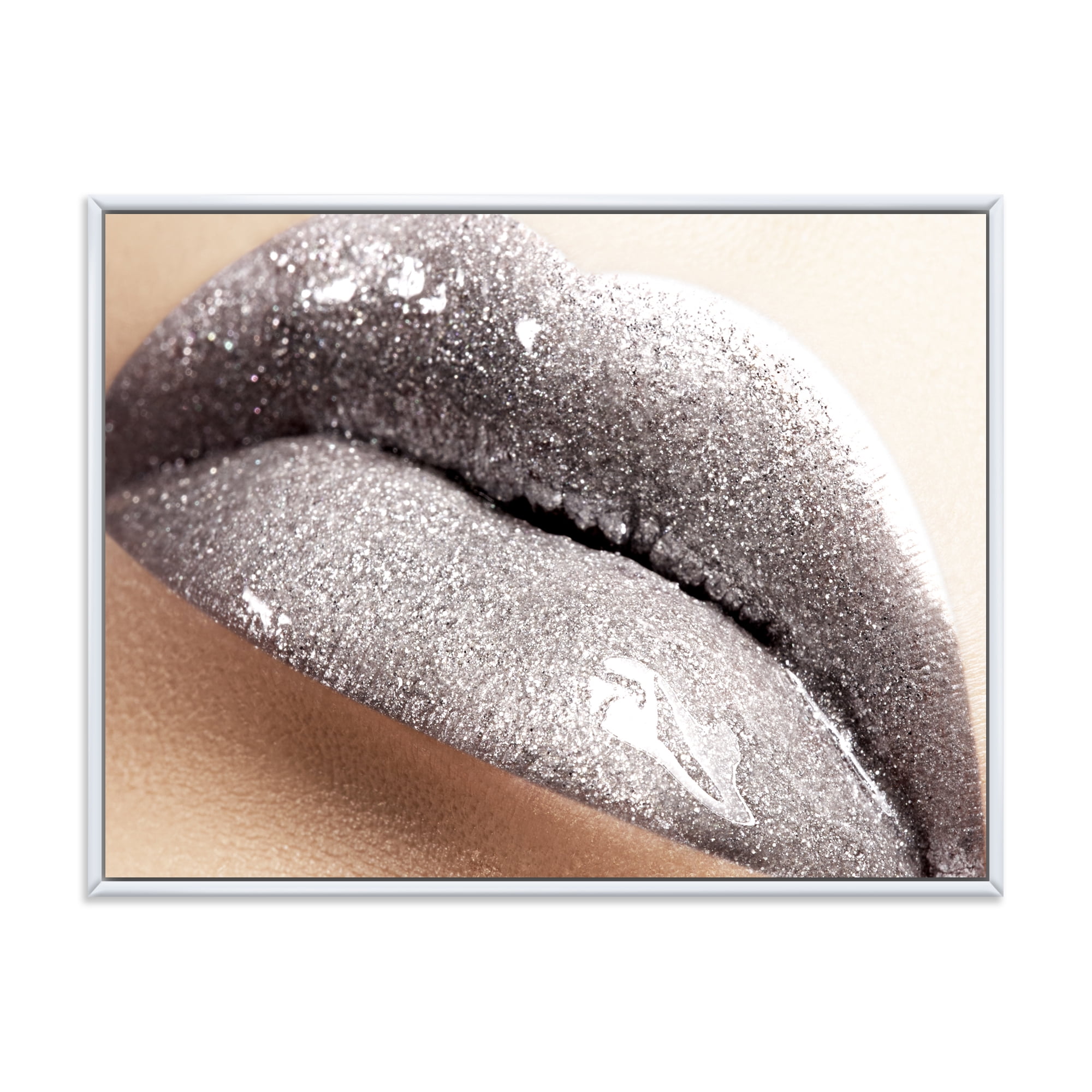 Designart 'Close Up of Female Lips With Glittering Silver' Modern Framed Canvas Wall Art Print