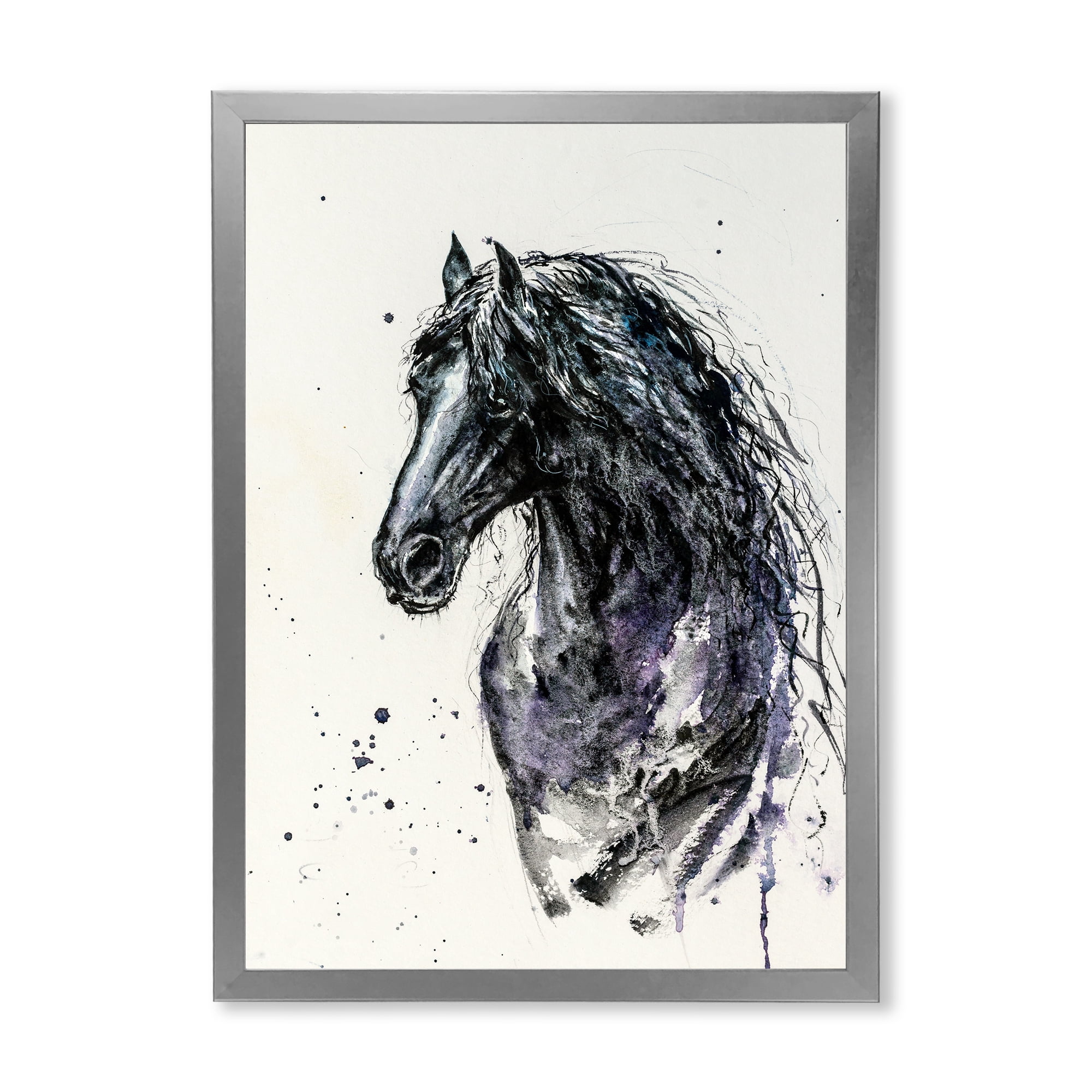 Designart 'Close Up of Friesian Horse With Long Manes' Farmhouse Framed Art Print