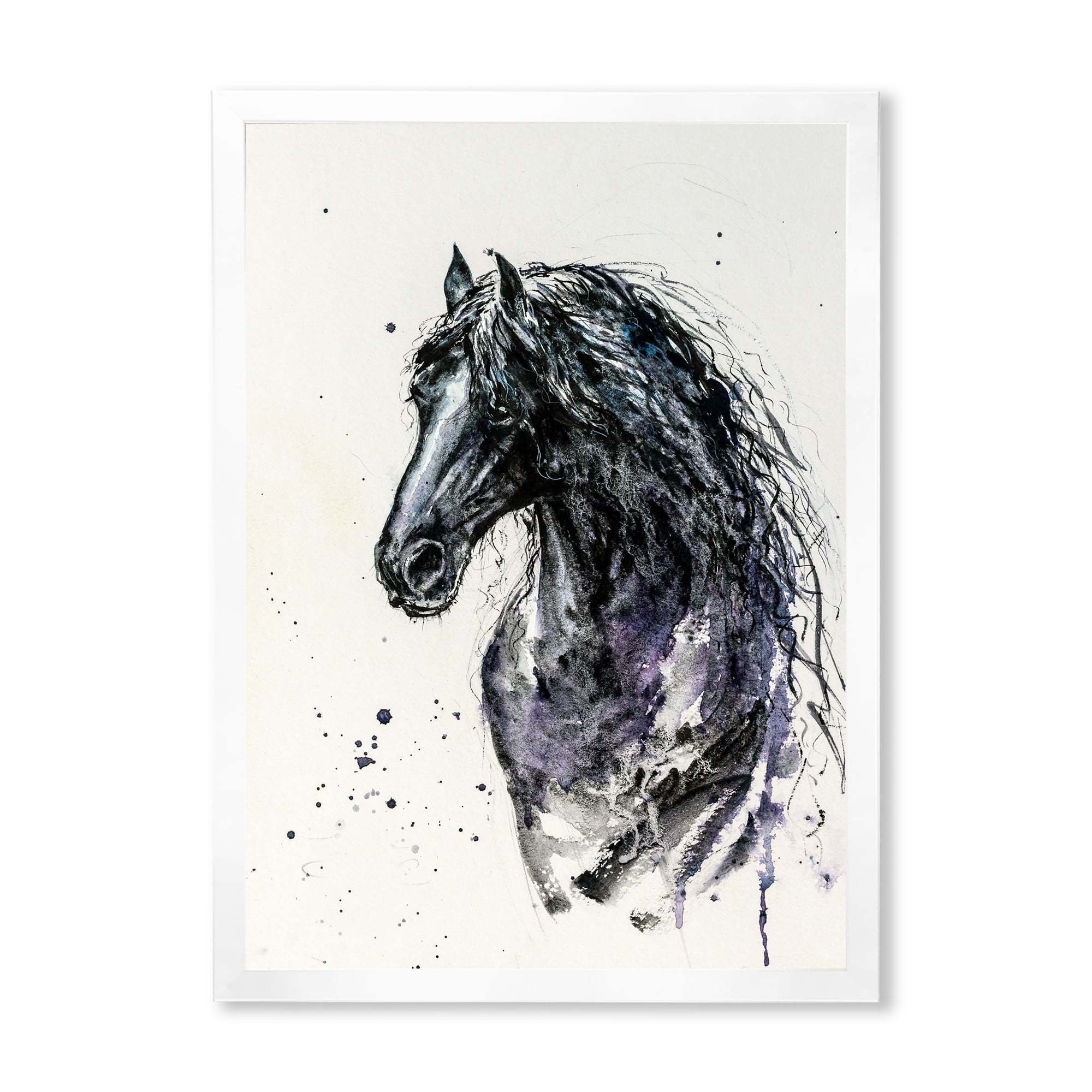 Designart 'Close Up of Friesian Horse With Long Manes' Farmhouse Framed Art Print