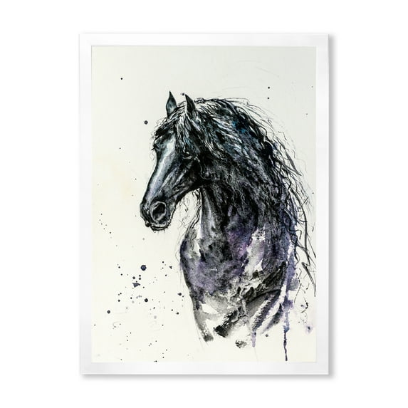 Designart 'Close Up of Friesian Horse With Long Manes' Farmhouse Framed Art Print