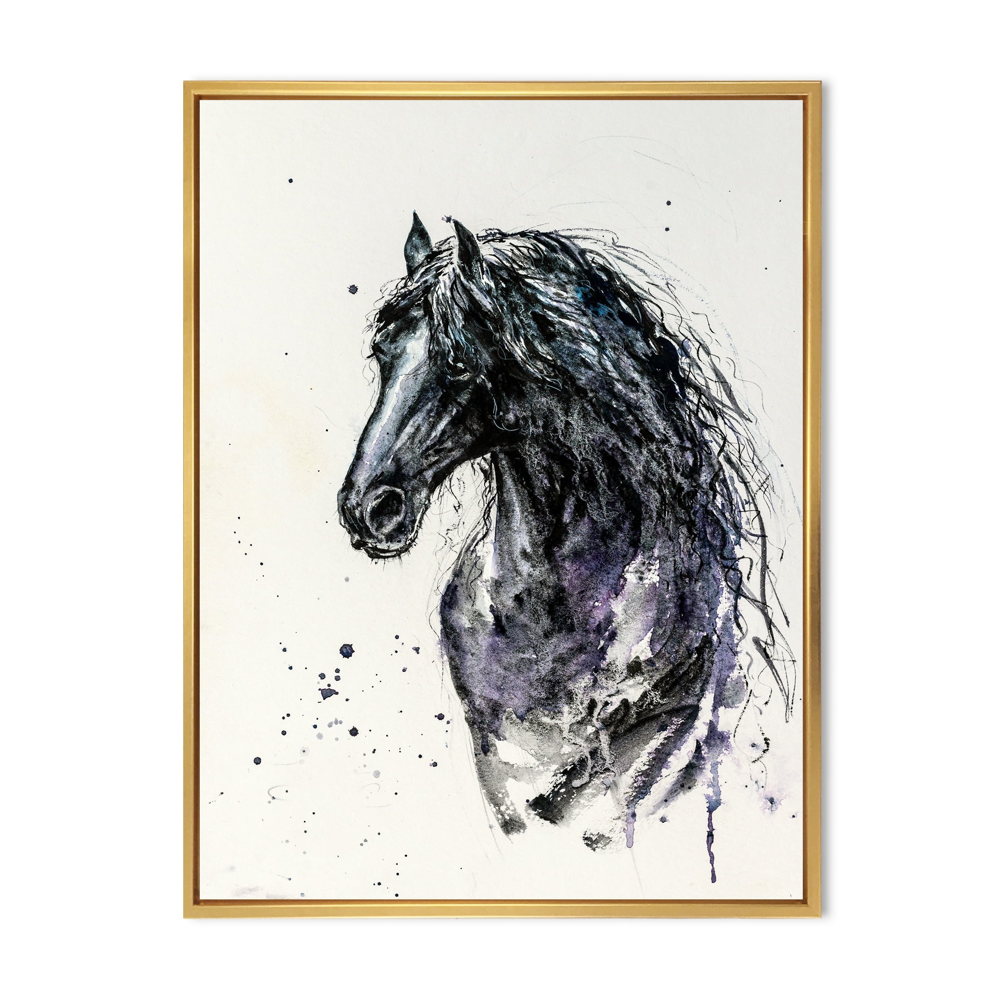 Designart 'Close Up of Friesian Horse With Long Manes' Farmhouse Framed Canvas Wall Art Print