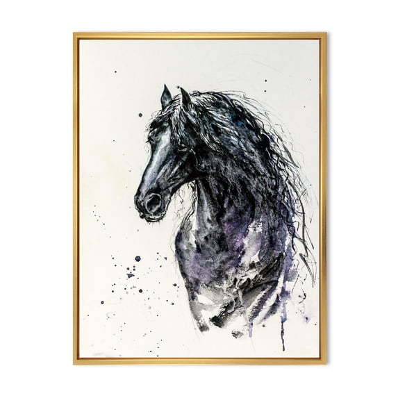 Designart 'Close Up of Friesian Horse With Long Manes' Farmhouse Framed Canvas Wall Art Print