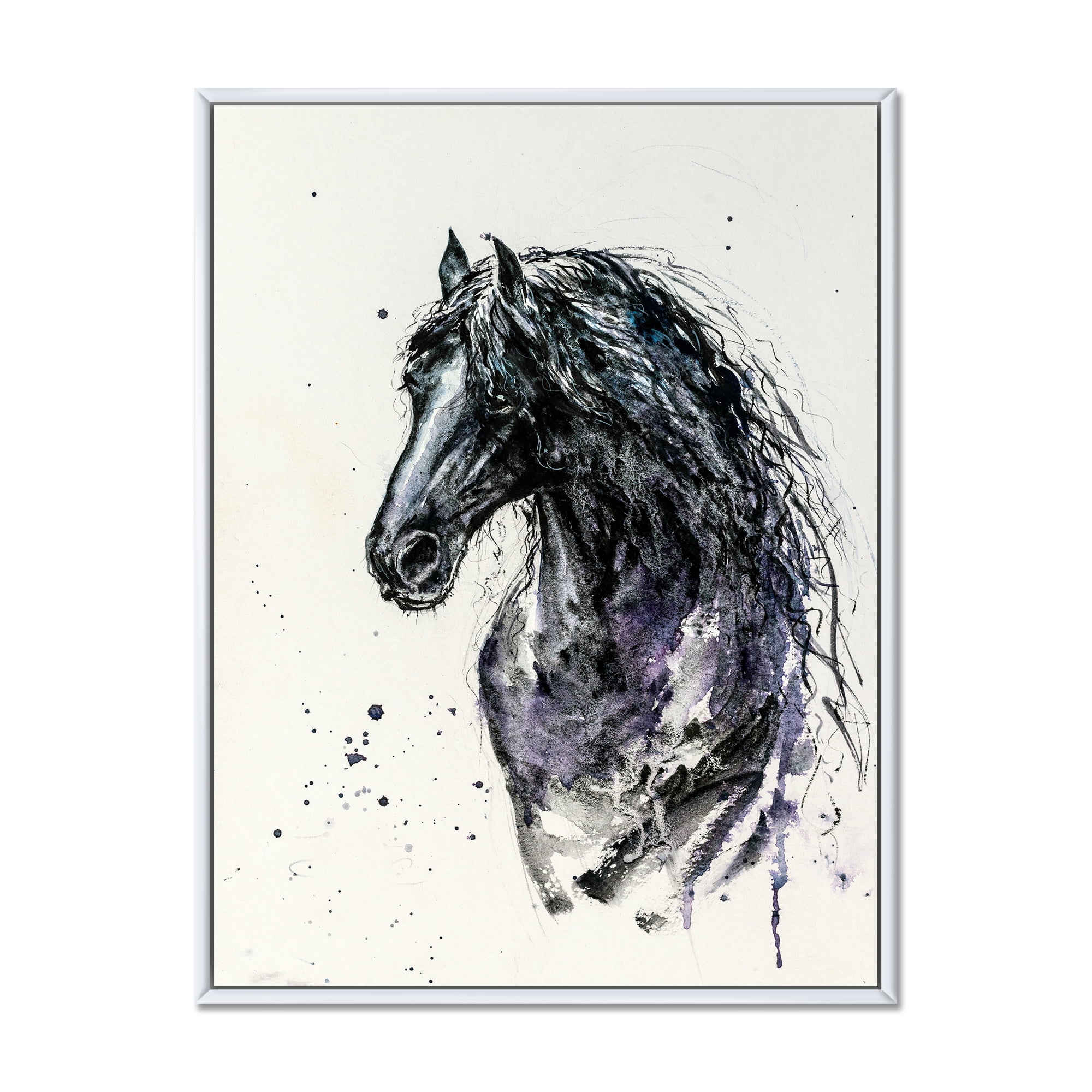 Designart 'Close Up of Friesian Horse With Long Manes' Farmhouse Framed Canvas Wall Art Print