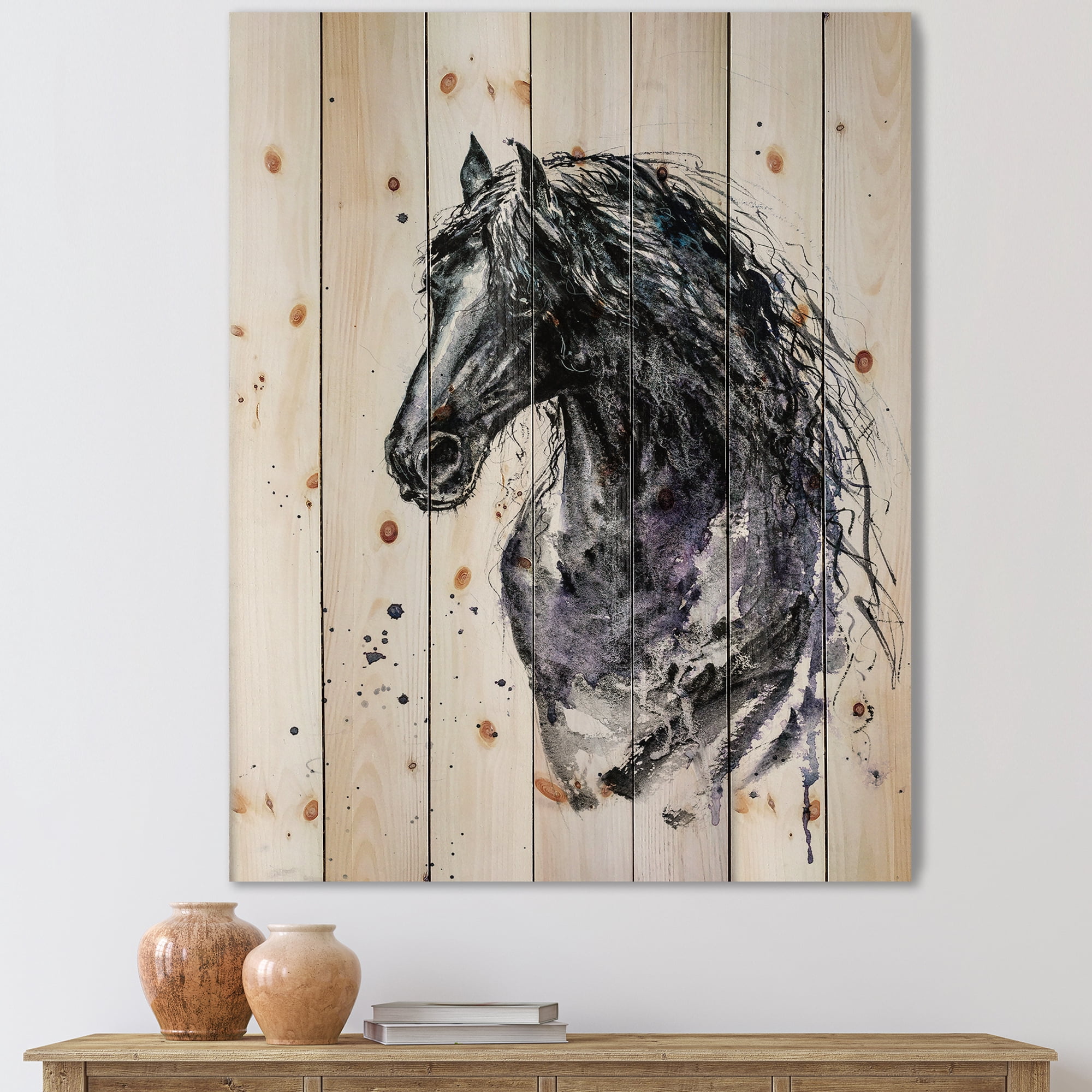 Designart 'Close Up of Friesian Horse With Long Manes' Farmhouse Print on Natural Pine Wood