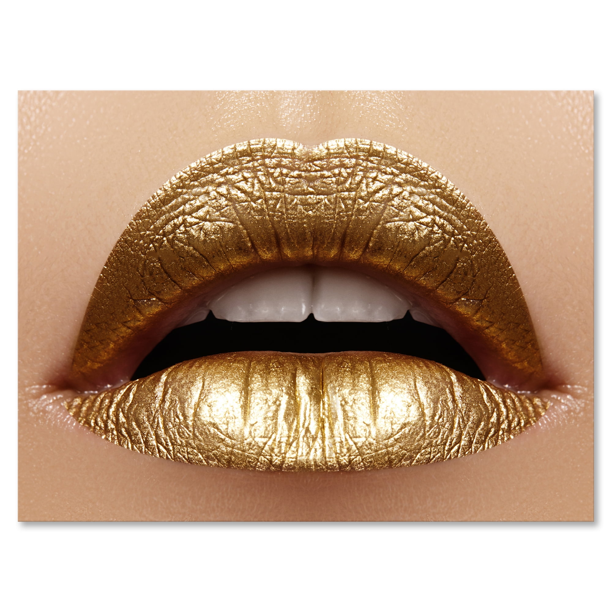 Designart ' Close Up of Woman Plump Lips With Golden Lipstick ' Modern Canvas Wall Art Print