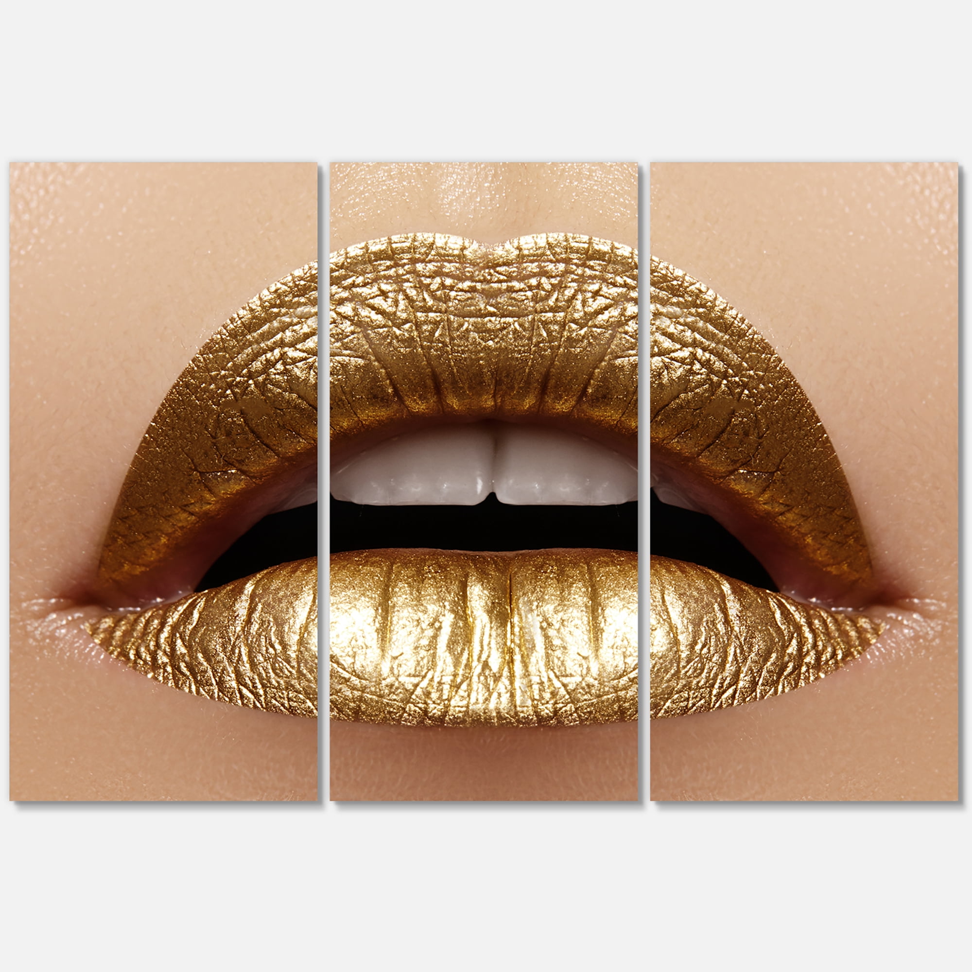 Designart ' Close Up of Woman Plump Lips With Golden Lipstick ' Modern Canvas Wall Art Print