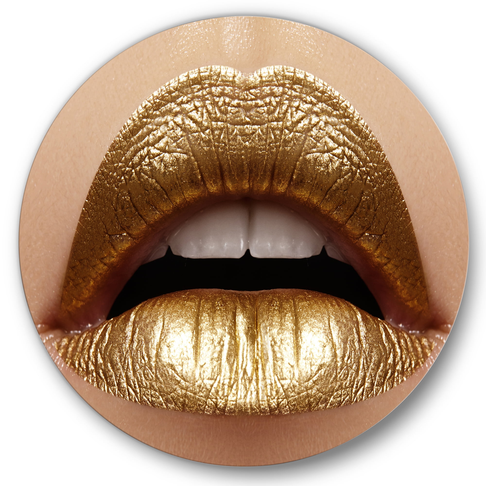 Designart 'Close Up of Woman Plump Lips With Golden Lipstick' Modern Circle Metal Wall Art 23x23 - Disc of 23
