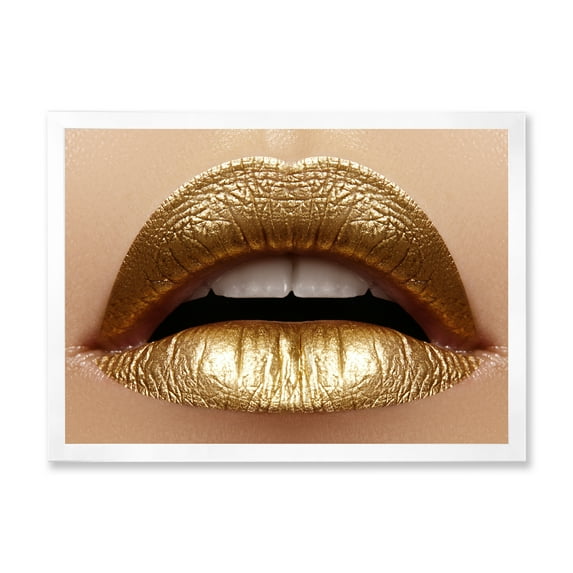 Designart 'Close Up of Woman Plump Lips With Golden Lipstick' Modern Framed Art Print