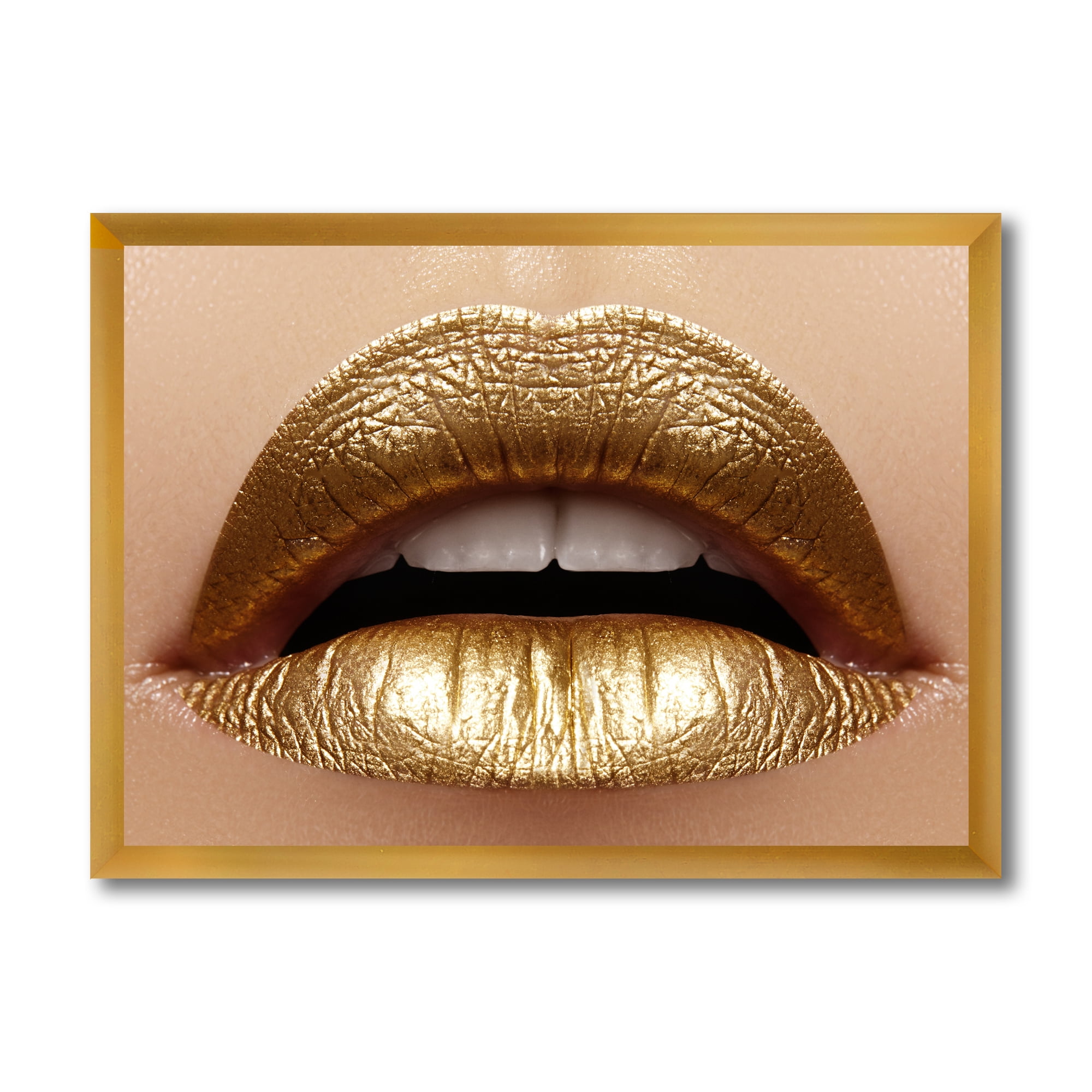 Designart 'Close Up of Woman Plump Lips With Golden Lipstick' Modern Framed Art Print