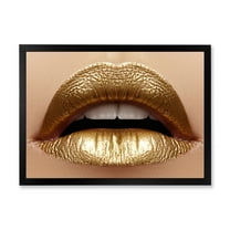 Designart 'Close Up of Woman Plump Lips With Golden Lipstick' Modern Framed Art Print