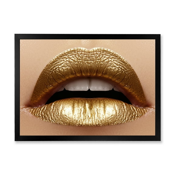 Designart 'Close Up of Woman Plump Lips With Golden Lipstick' Modern Framed Art Print