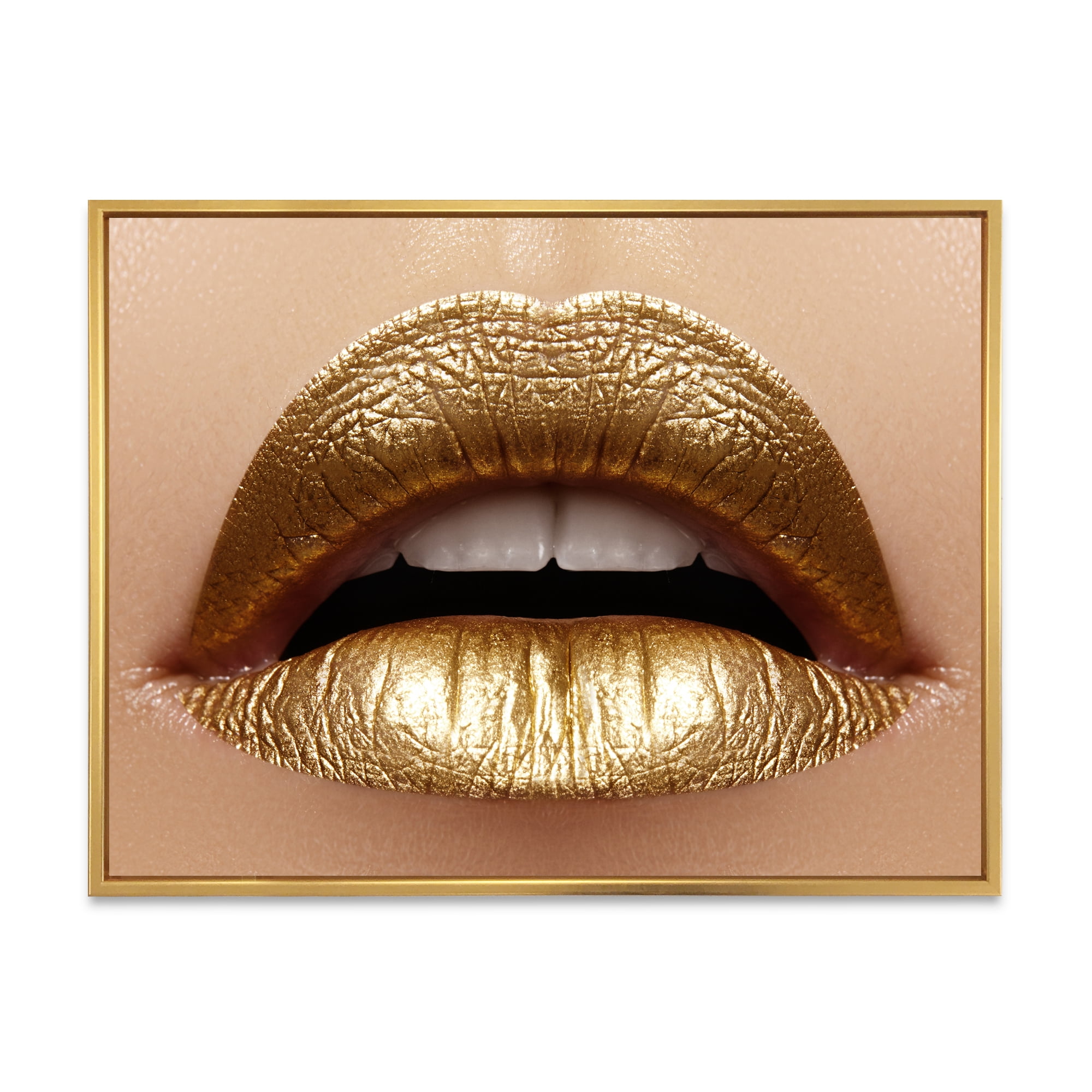 Designart 'Close Up of Woman Plump Lips With Golden Lipstick' Modern Framed Canvas Wall Art Print