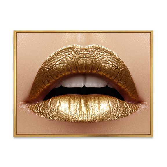 Designart 'Close Up of Woman Plump Lips With Golden Lipstick' Modern Framed Canvas Wall Art Print